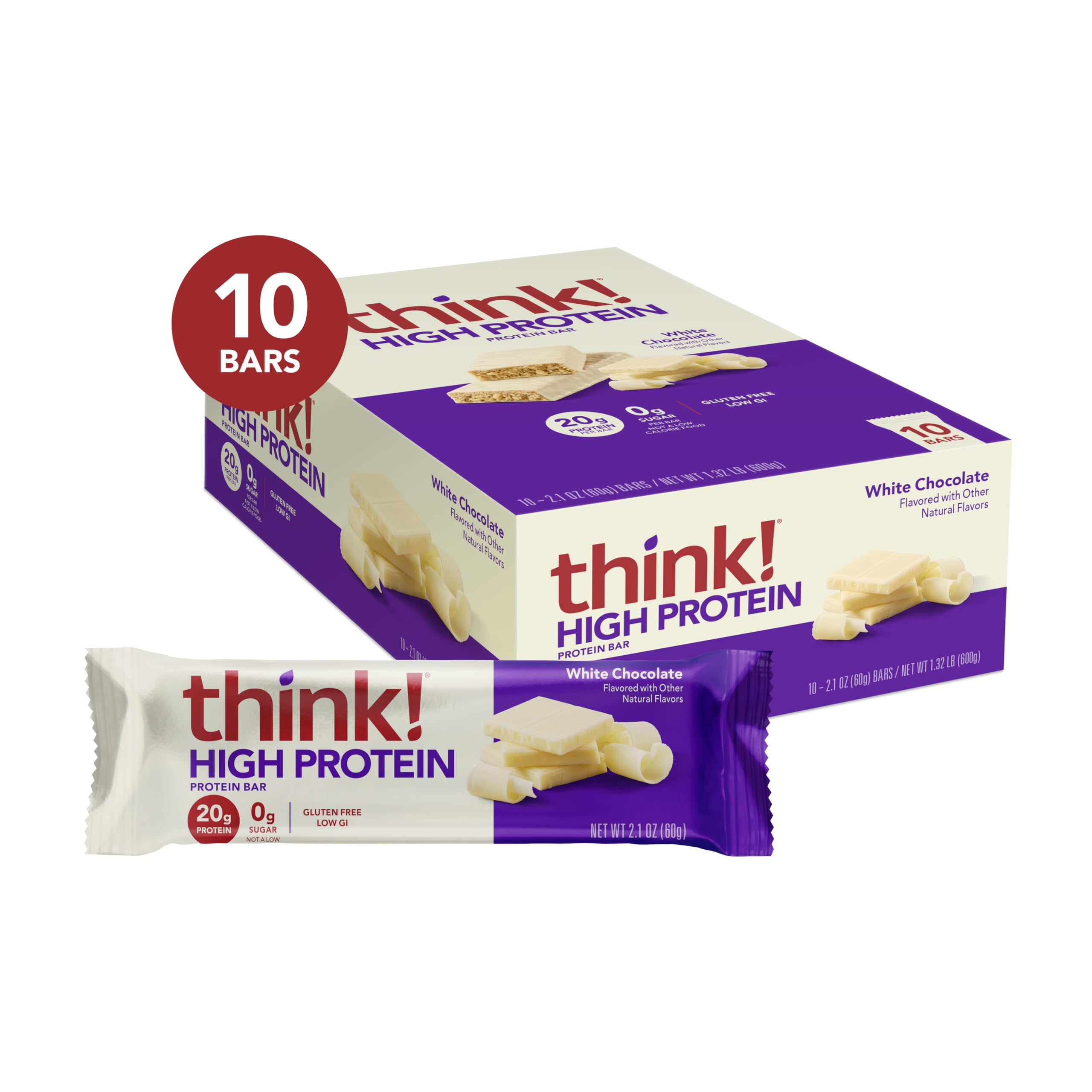 Think! Protein Bars - High Protein Snacks, Gluten Free, Kosher Friendly, White Chocolate Nutrition Bars, 2.1 Oz (10 Count) - Perfect for Workout Recovery, Office Snacks & Healthy On-the-Go Energy