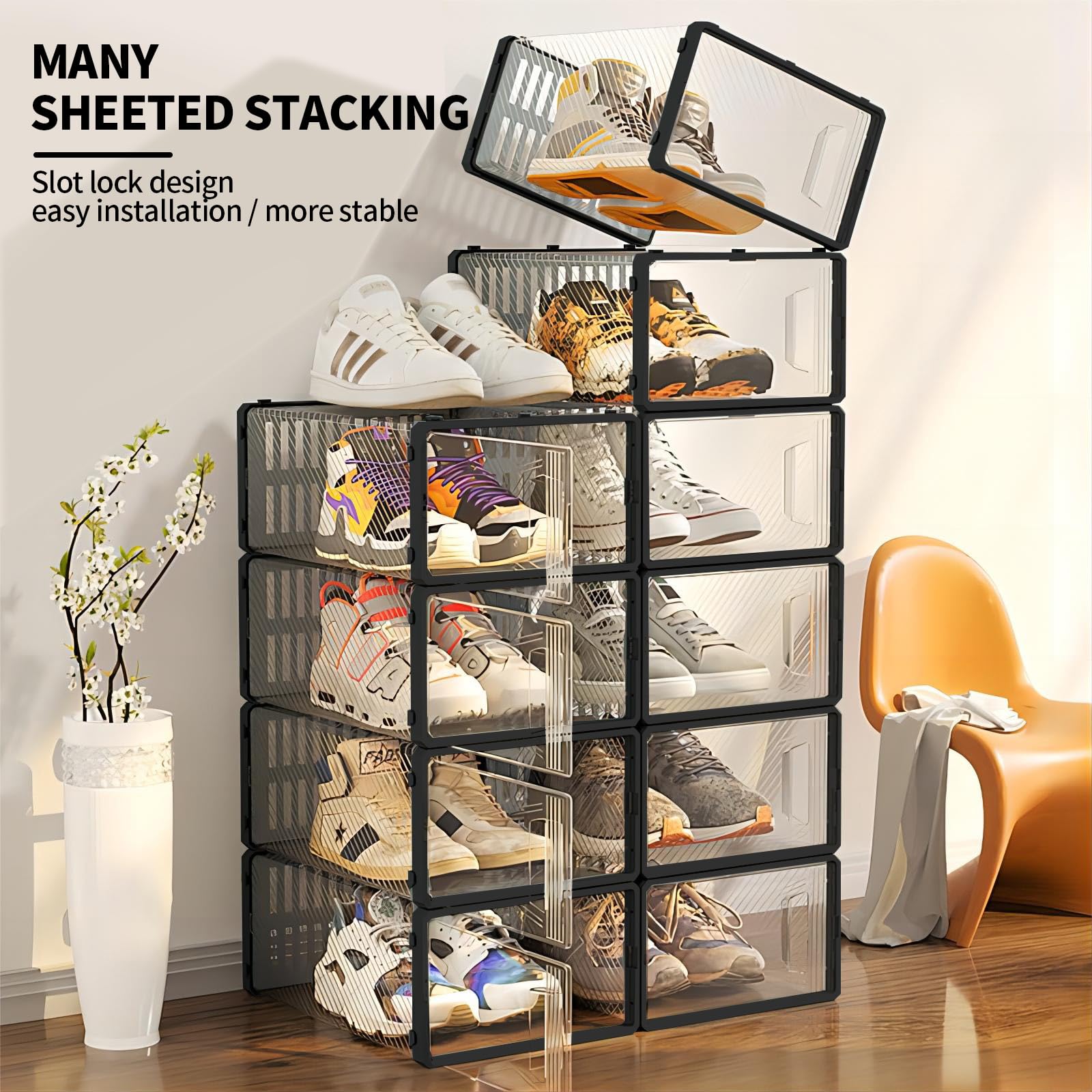 15 Pack Clear Plastic Stackable Shoe Storage Boxes - Large Black Foldable Shoe Organizer for Closet Space Saving, Drawer Substitute | Perfect for Sneakers, Boots & Heels Organization in Bedroom, Dorm & Entryway
