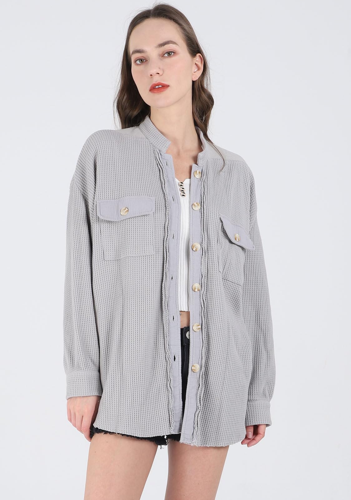 Loveimgs Women's Oversized Waffle Knit Corduroy Shacket - Long Sleeve Button Down Shirt Jacket for Fall | Casual Outerwear, Layering Piece & Streetwear Fashion