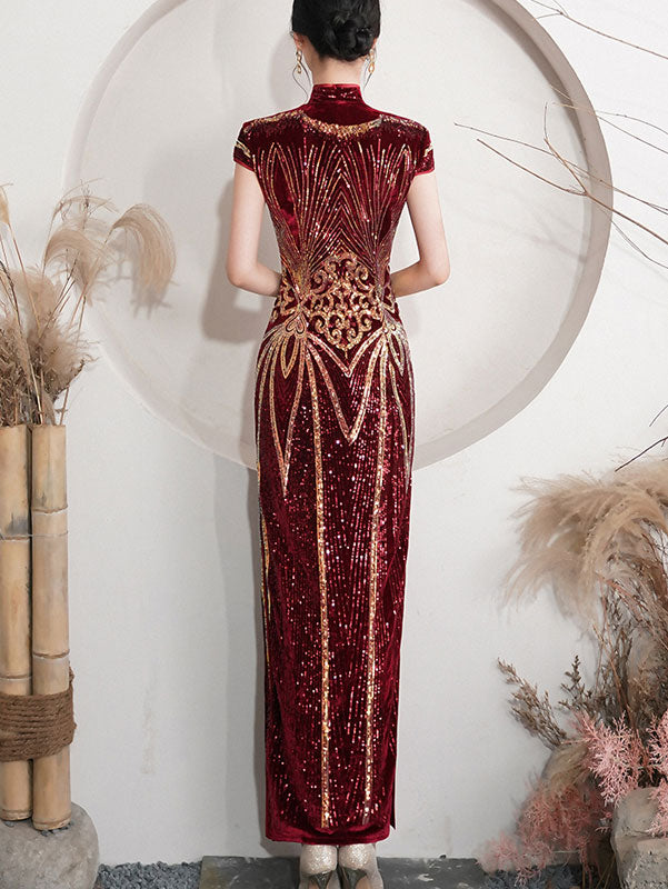 Elegant Red Sequined Velvet Cheongsam Qipao Dress for Women - Perfect for Mother's Day, Weddings, and Special Occasions