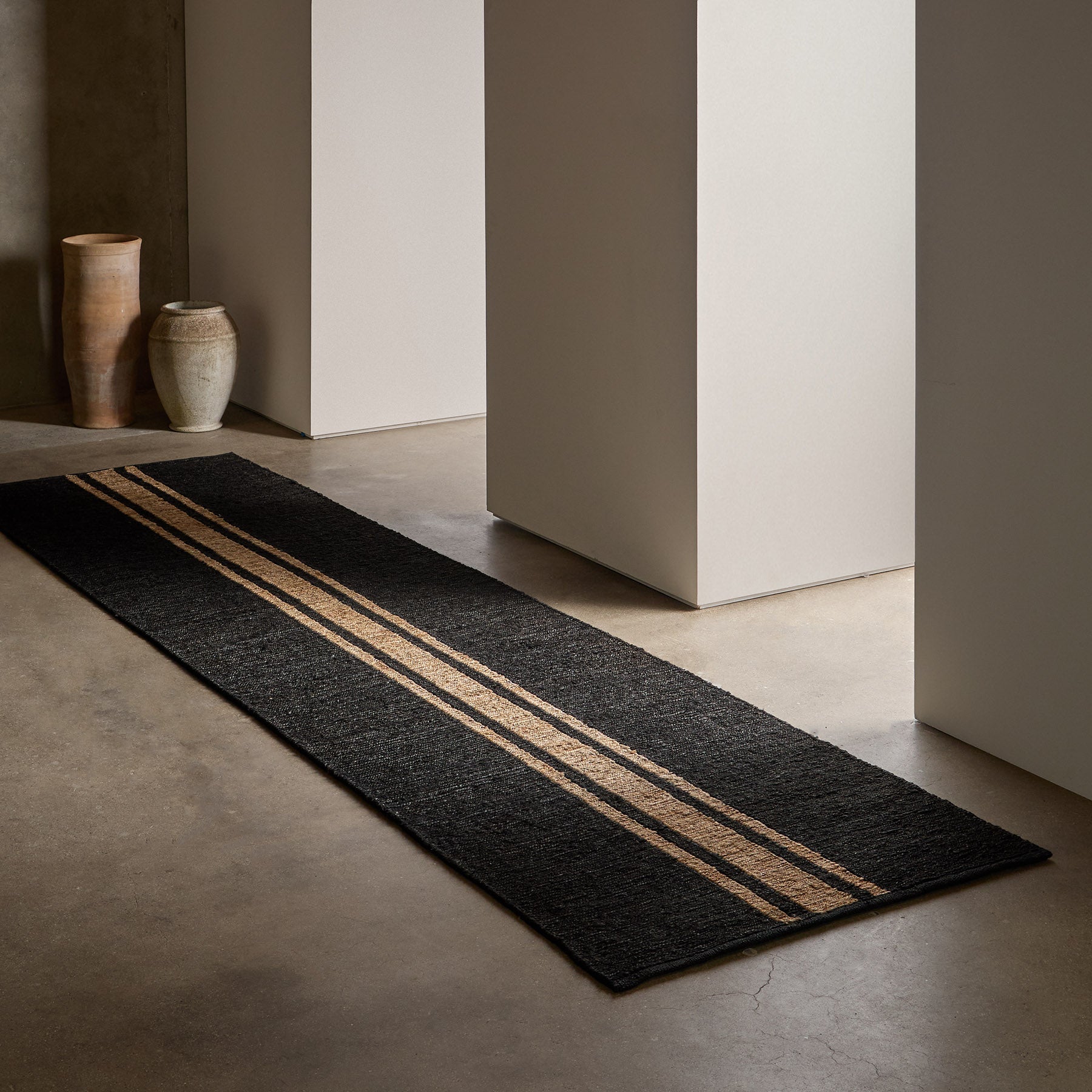 Eco-Friendly Jute Runner Rug - Charcoal & Natural Triple Stripe Design - Perfect for Hallway, Entryway, or Kitchen Decor