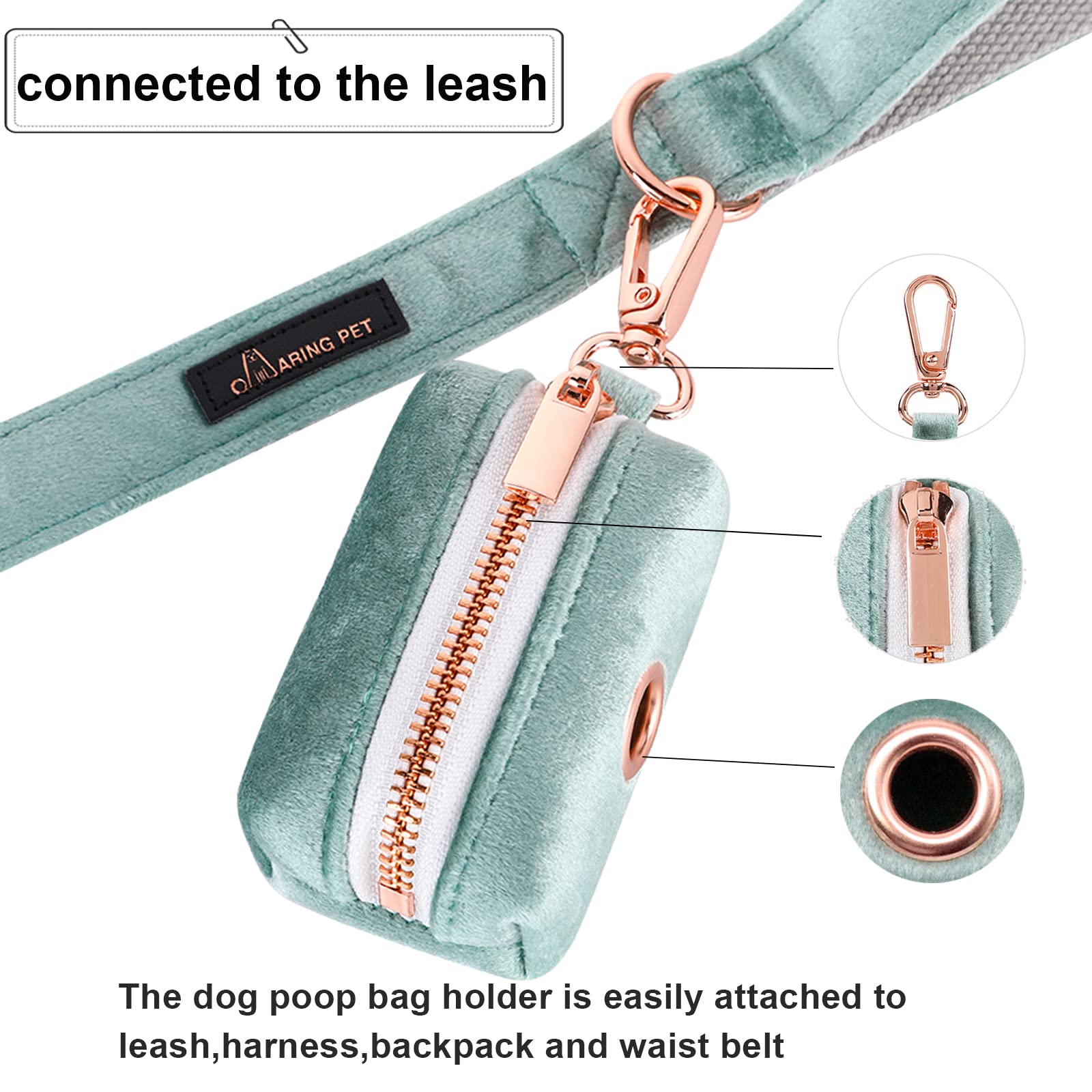 ARING PET Dog Waste Bag Dispenser - Velvet Green Poop Bag Holder for Leashes | Portable, Washable Pet Waste Pouch with Metal Zipper | Perfect for Walking, Hiking & Outdoor Dog Activities