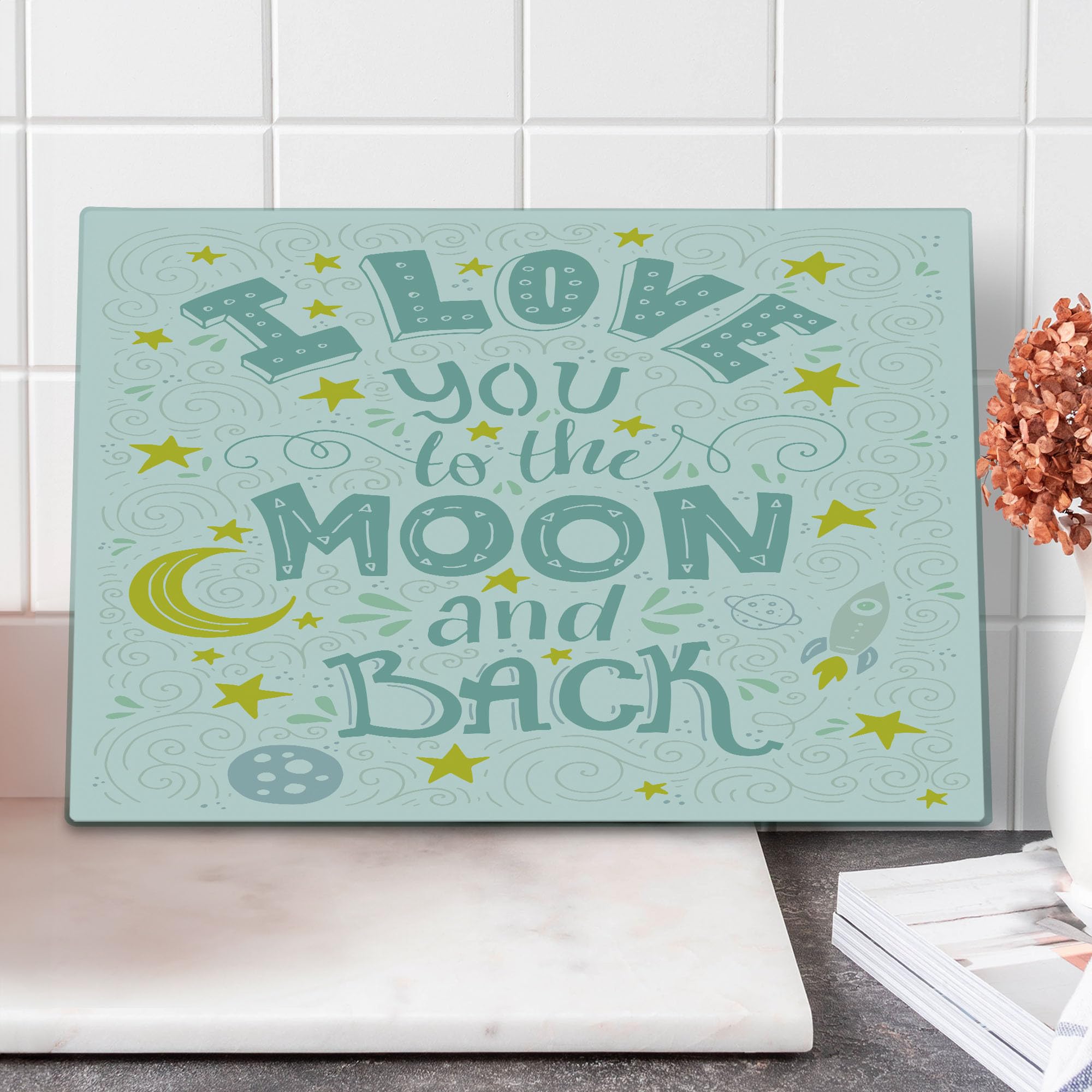 Ambesonne I Love You to the Moon and Back Tempered Glass Cutting Board - Crescent Moon, Stars & Galaxy Design - Large White Pale Seafoam Decorative Serving Board - Perfect for Kitchen Use, Gift Giving & Party Serving