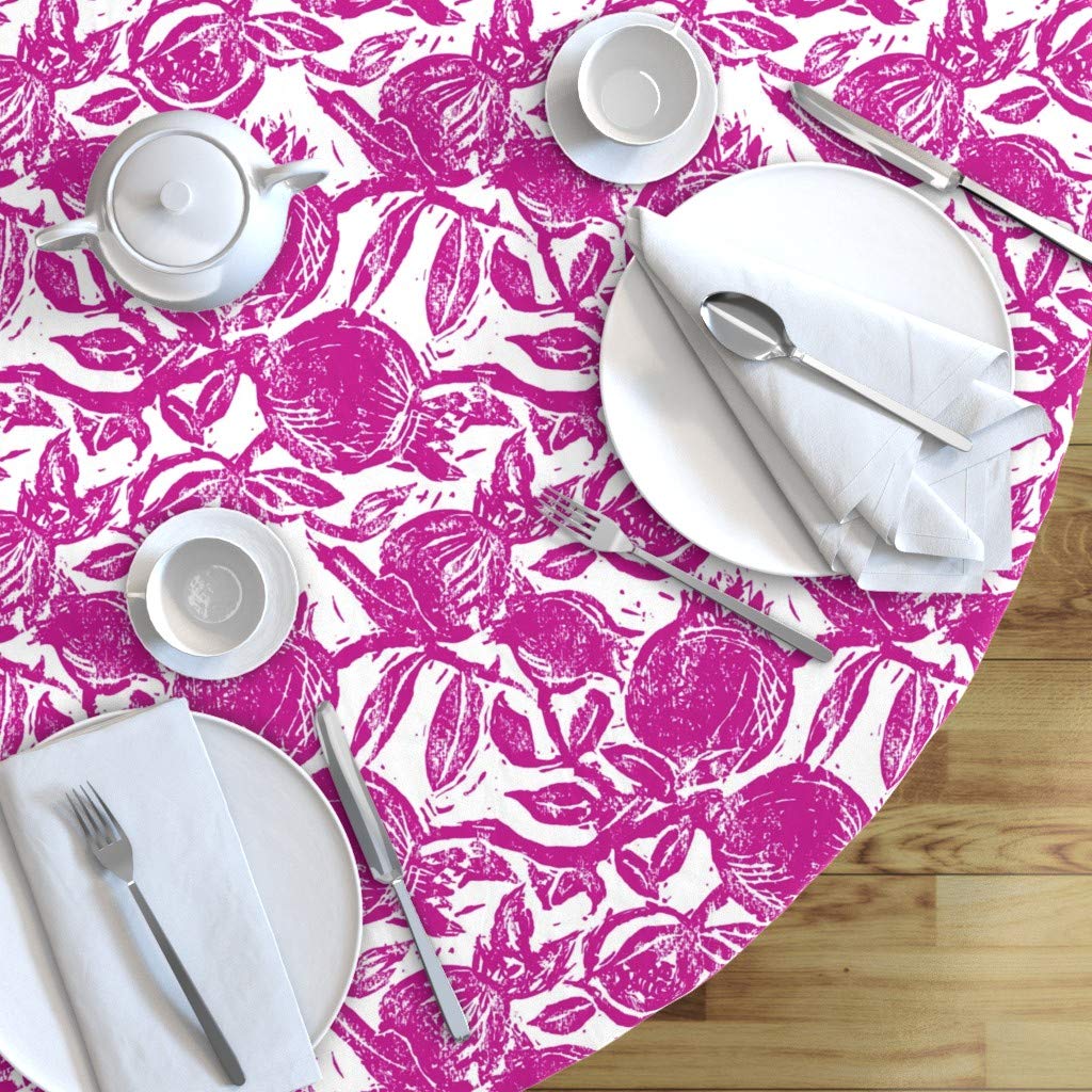 Custom Maximalist Magenta Pomegranate Fruit Print Cotton Sateen Tablecloth - 90 Inch Round Table Linens for Summer Dining, Outdoor Picnics & Special Occasions