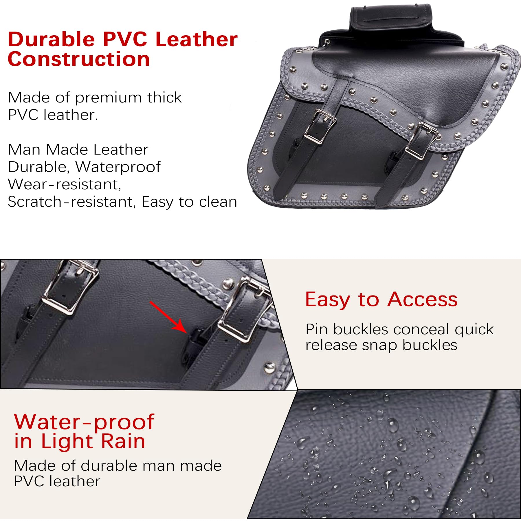 Faux Leather Motorcycle Saddle Bags with Studs - Universal Throw Over Side Bags for Honda Shadow, Sportster, Softail, Dyna & V-star (Black & Grey) - Waterproof PVC Storage for Cruiser Bikes, Road Trips & Daily Commuting