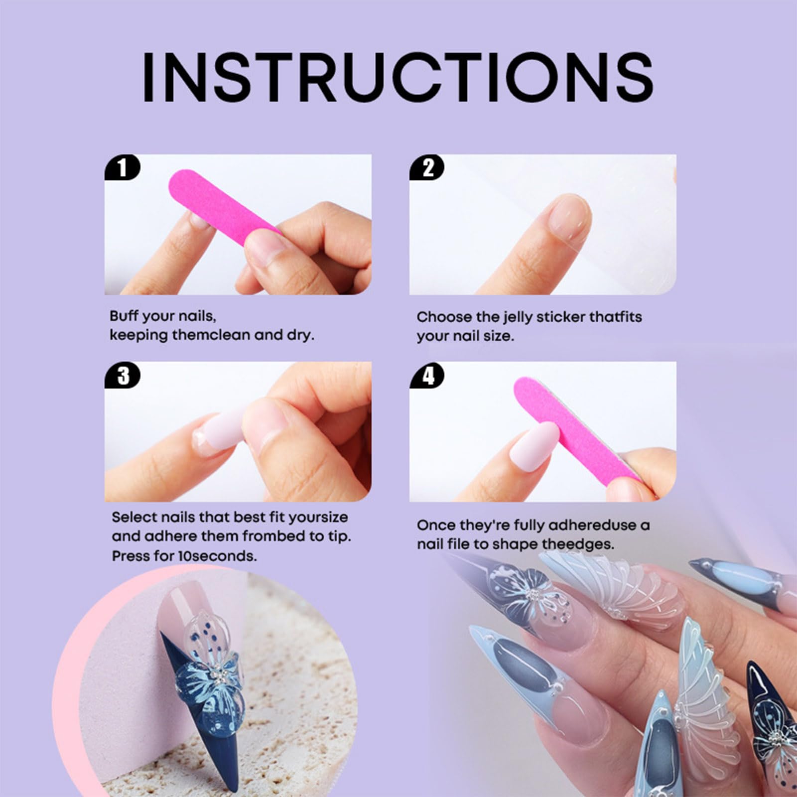 Blue French Tip Press on Nails - 24PCS 3D Floral Acrylic Fake Nails with Glossy Gradient & Pearl Accents | Long Stiletto Shape, Curve Line Design | Easy Glue-On False Nails for Women & Girls | Perfect for Parties, Weddings, and Special Occasions