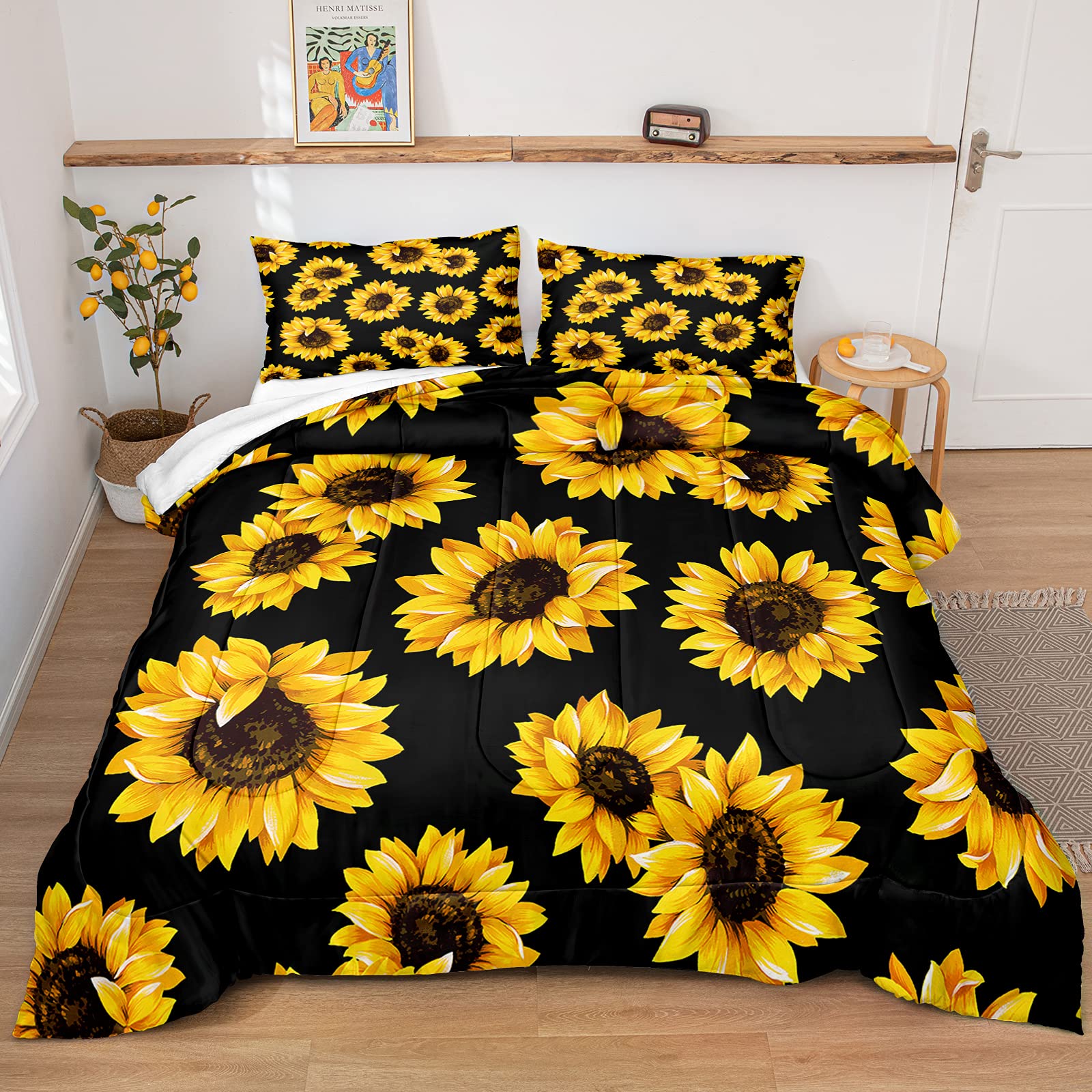 Black Sunflower Comforter Set Queen Size - Yellow Floral Printed Luxury Lightweight Microfiber Bedding 3PCs (Comforter, Pillow Shams) for Cozy Bedroom Decor & Guest Room Styling