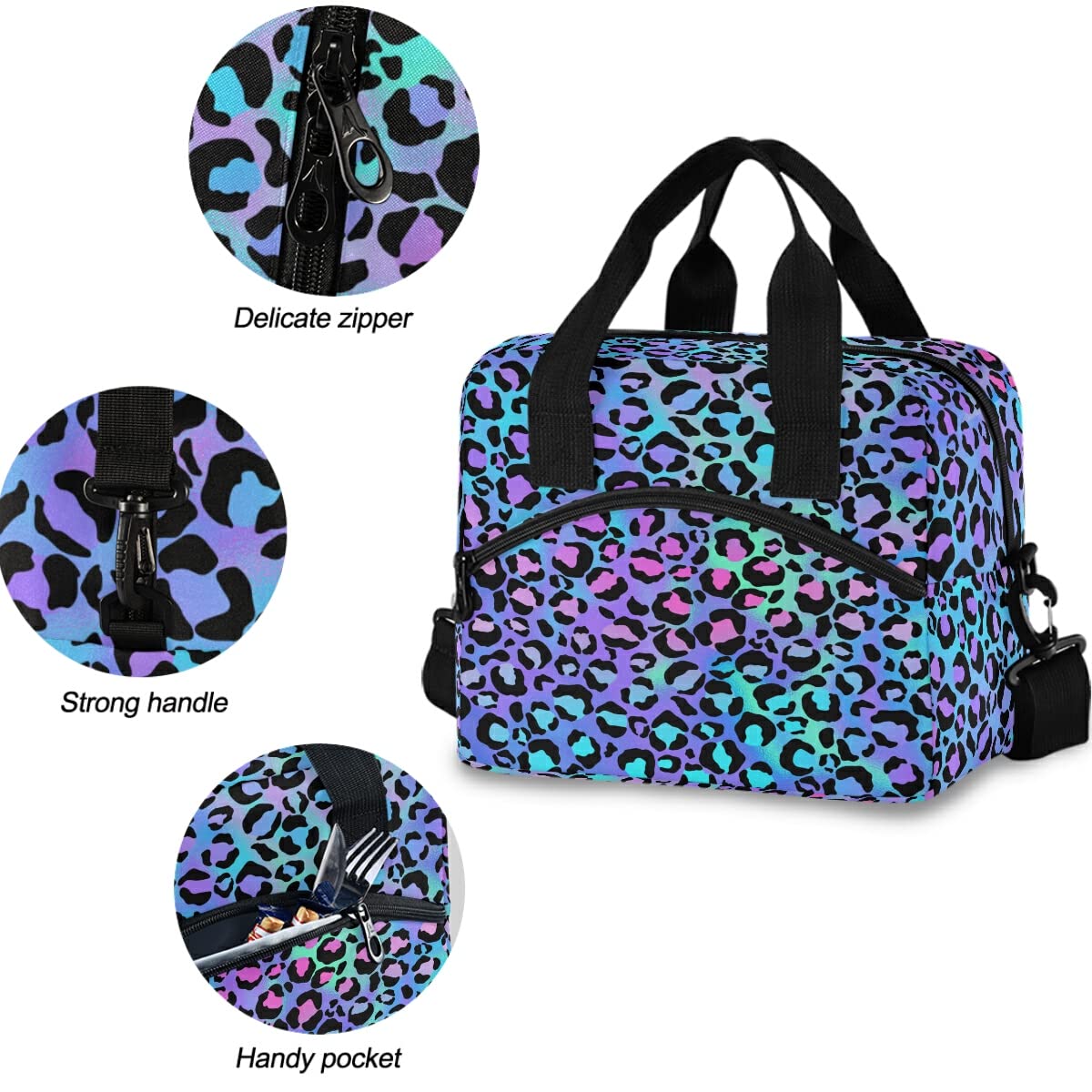 Insulated Lunch Bag - Neon Gradient Leopard Design, Reusable & Leakproof Cooler Tote for Women & Men - Perfect for Work, School, Picnics & Outdoor Activities