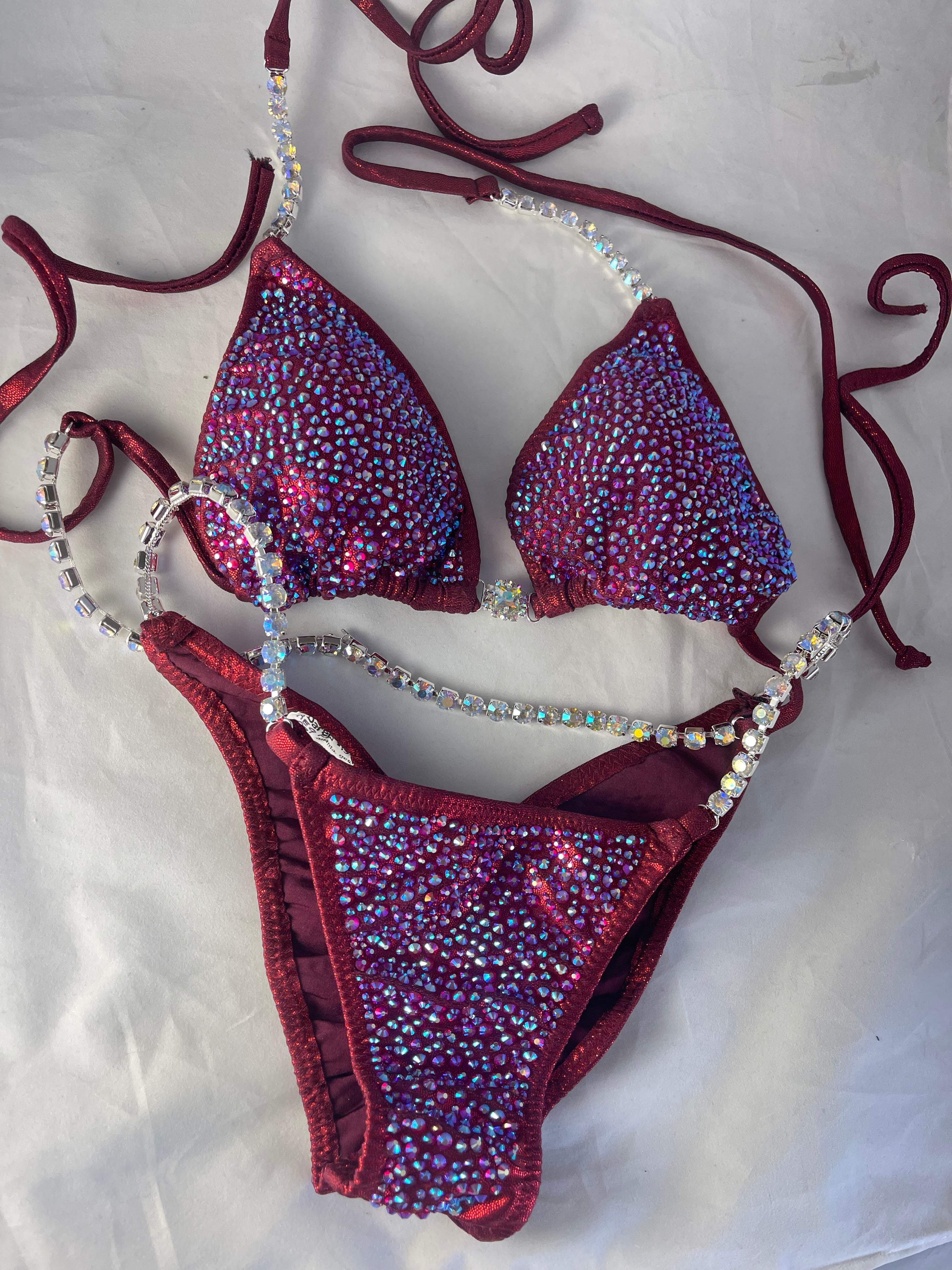 Burgundy Dark Red Maroon Bikini with Multi-Colored Rhinestone Design | Shimmering Swimsuit for Beach, Pool Party & Vacation | Statement Women's Swimwear