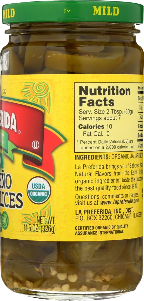 Organic Mild Jalapeno Pepper Slices by La Preferida - 11.5oz (Pack of 4) | Perfect for Nachos, Tacos, Pizza Toppings & Mexican Recipes
