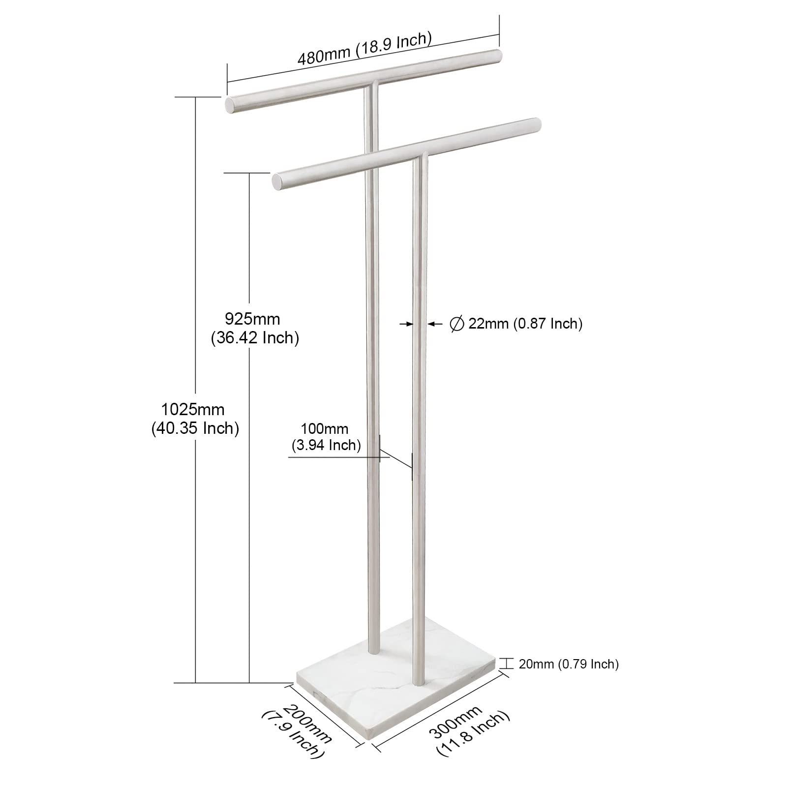 Double-T Shape Freestanding Towel Rack with Marble Base - 2-Tier Stainless Steel Brushed Nickel Bath Sheet Holder for Bathroom Floor - Perfect Next to Tub or Shower for Spa-Like Luxury