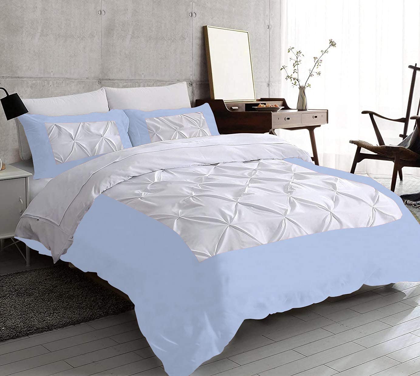Luxury Two-Tone Pinch Pleated Duvet Cover - 100% Egyptian Cotton 800 Thread Count Super King Size with Zipper & Corner Ties - White/Light Blue Solid for Master Bedroom & Guest Room Decor
