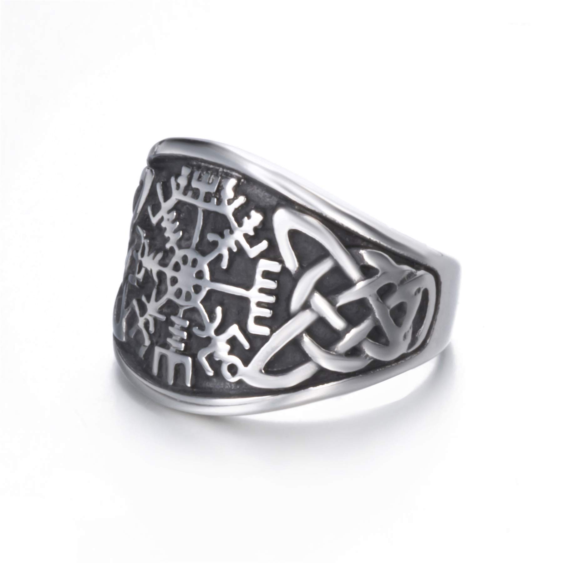 Viking Stainless Steel Ring for Men - Norse Valknut Vegvisir Pirate Compass Symbol Jewelry (Size 8-13) - Perfect for Viking Lovers, Medieval Reenactment & Norse Mythology Fans