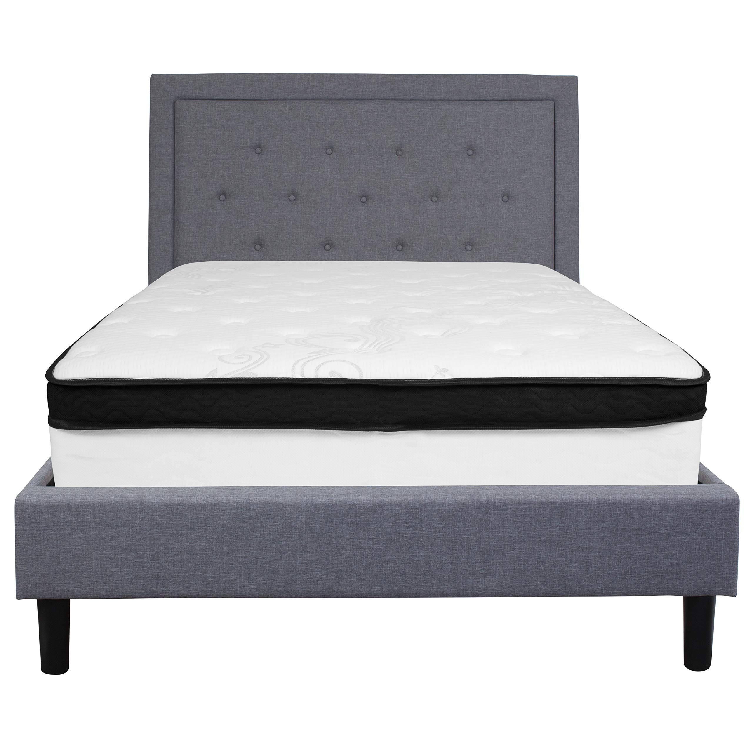 Emma & Oliver Full Panel Tufted Platform Bed with Memory Foam Mattress - Light Gray Fabric Upholstered Bed Frame for Modern Bedroom | Queen Size Bed with Storage Space & Comfortable Support