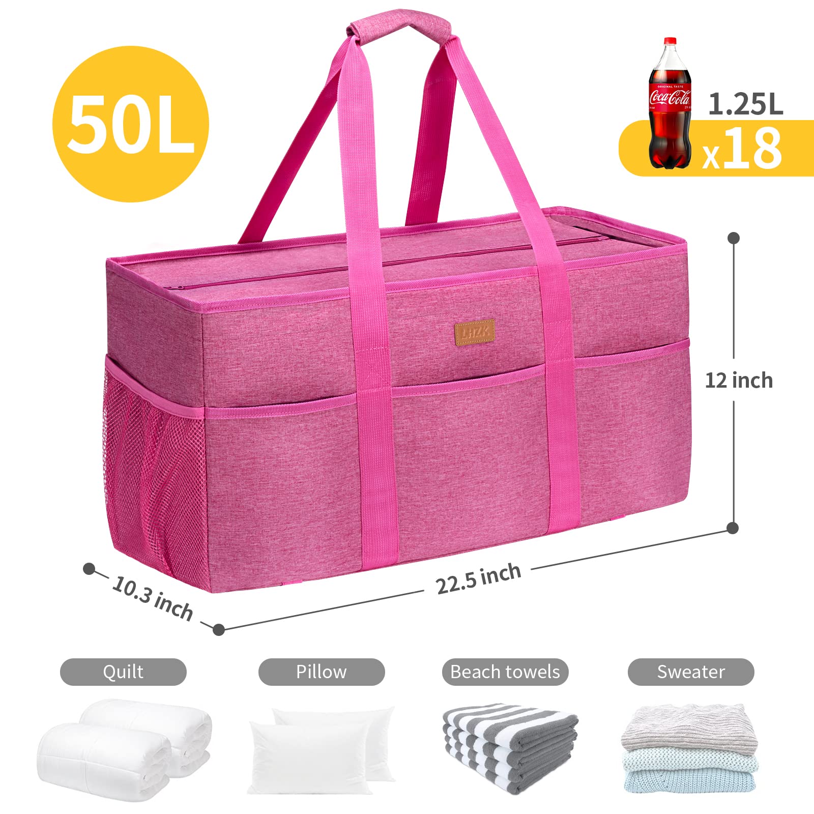 LHZK Extra Large Stand Up Utility Tote Bag with Lid - Reinforced Metal Wire Frame & Sides - Perfect for Grocery Shopping, Beach Trips, and Storage Organization