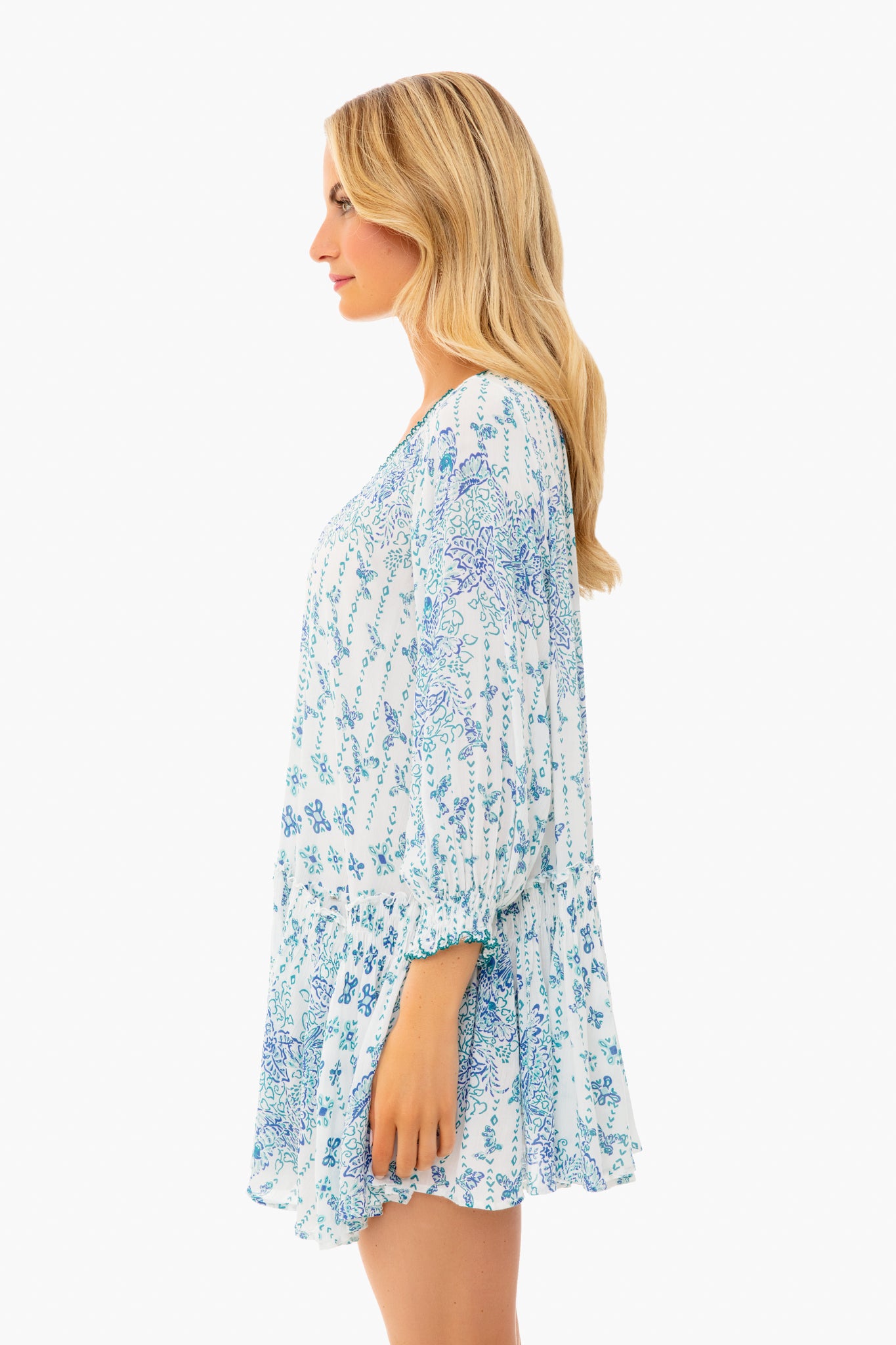 Blue Parrot Batik Tesorino Mini Dress - Floral Printed Sundress for Women, Summer Beach Vacation Outfit, Boho Chic Party Dress
