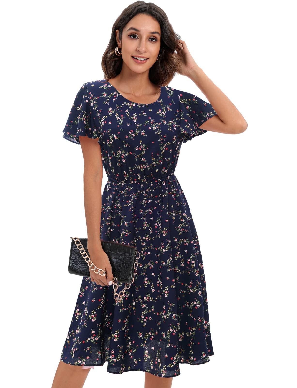 Gardenwed Women's Floral Chiffon Summer Dress - Elastic Waist Sun & Beach Dress for Outdoor Parties, Vacations, and Casual Wear