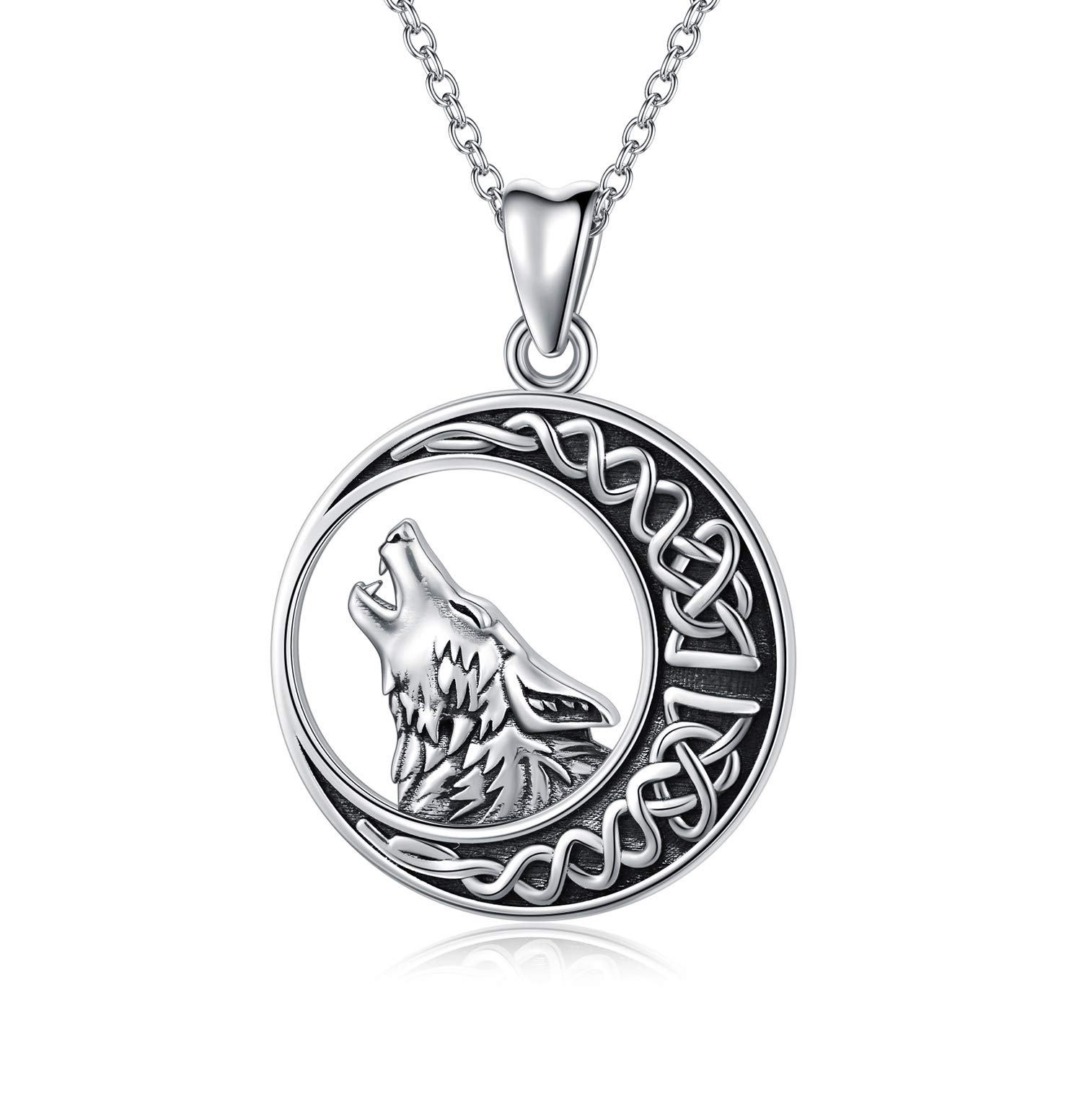 PEIMKO 925 Sterling Silver Celtic Moon Wolf Pendant Necklace for Women & Men - Wolf Locket Necklace Birthday Gift for Girls, Wolf Jewelry for Nature Lovers & Spiritual Seekers - Perfect for Everyday Wear, Special Occasions & Gift Giving