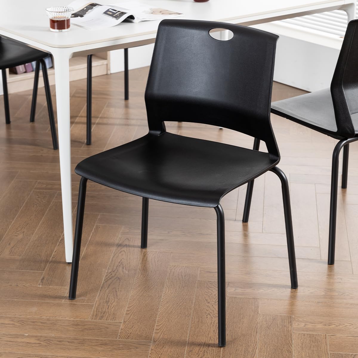 4-Pack Black Stackable Plastic Chairs - Modern Wide Seat Dining & Office Chairs for Conference Room, Church, Living Room, Waiting Area, Classroom | Perfect for Home, Office & Commercial Spaces