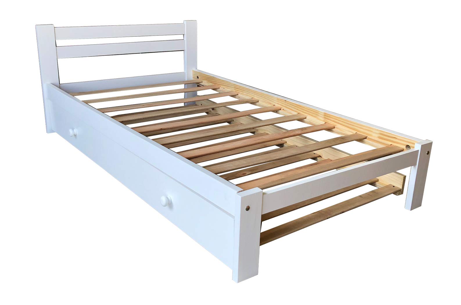 White Twin Bed with Trundle - Solid Pine Wood Frame with Hardwood Slats - Kids Bedroom Furniture for Boys & Girls - Perfect for Sleepovers, Small Spaces & Guest Rooms