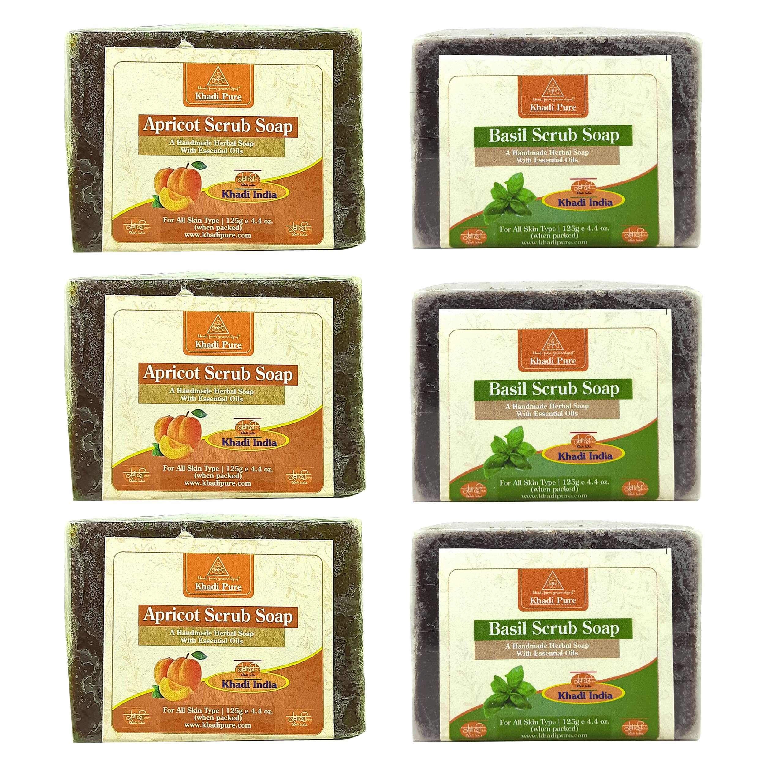 Khadi Pure Apricot & Basil Soap - 125ml (Pack of 6) | Natural & Organic Skincare for Dry Skin | Perfect for Daily Cleansing & Gift Sets