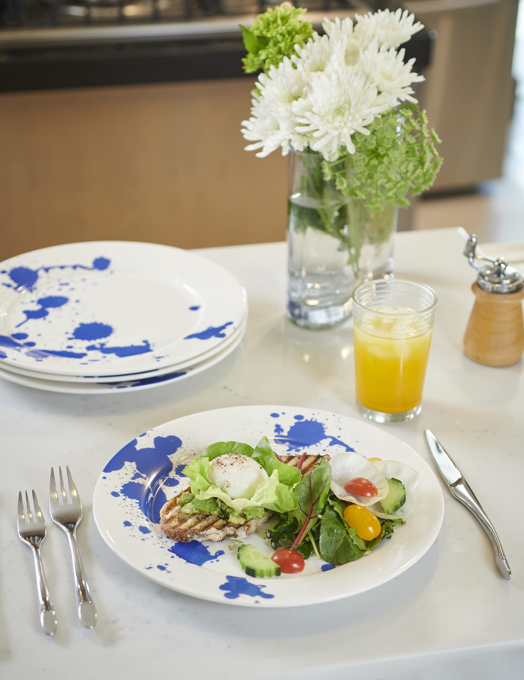Servappetit Set of 4 White Dinner Plates with Blue Accents - 11 Inch Ceramic Plates, Oven, Microwave & Dishwasher Safe - Perfect for Family Dinners, Parties & Everyday Use
