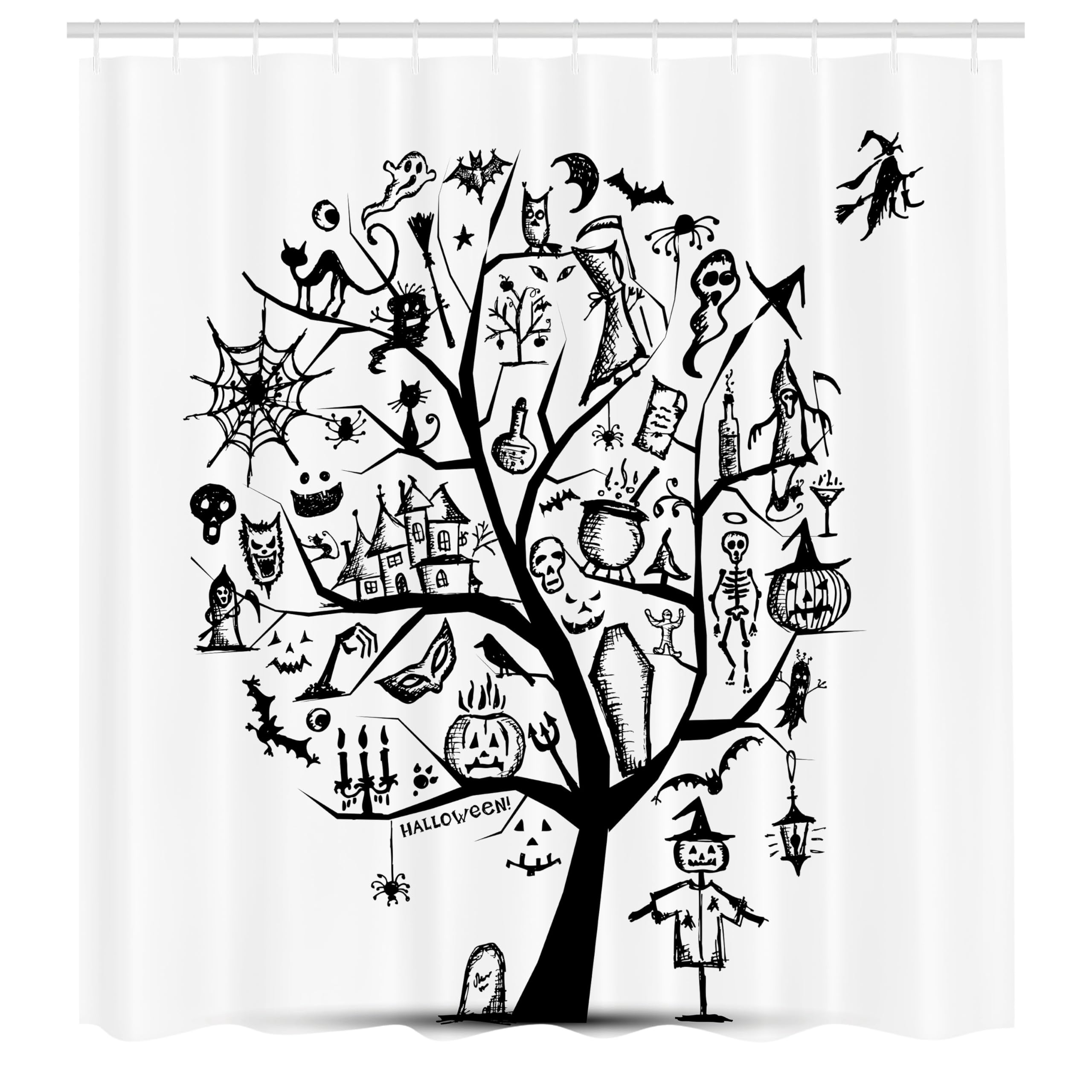 Ambesonne Halloween Shower Curtain - Spooky Tree & Witch Broom Abstract Design, 69x84 Inch Black & White Fabric Bathroom Decor with Hooks | Perfect for Halloween Bathroom Decorations, Themed Parties & Haunted House Decor