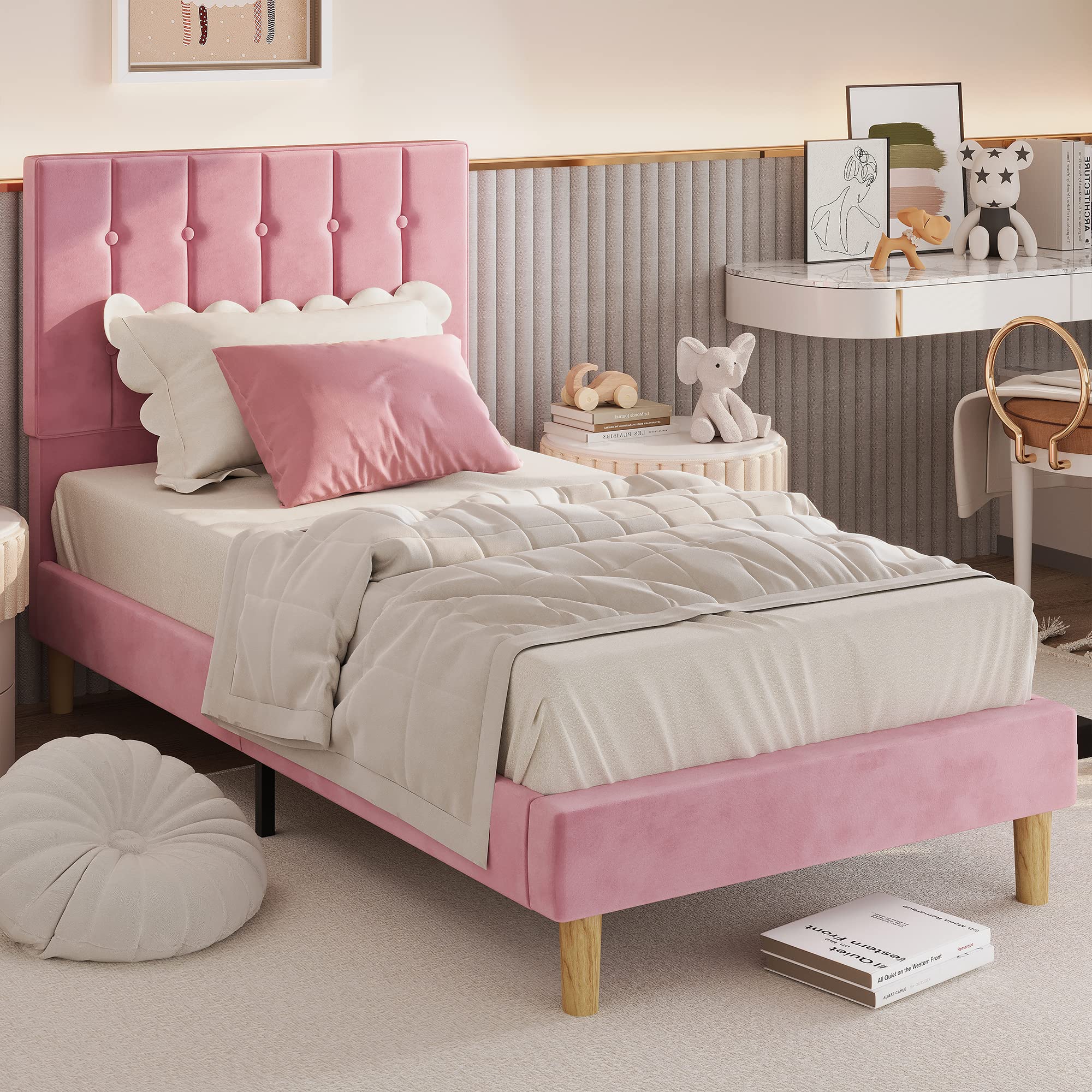 LIKIMIO Twin Bed Frame with Headboard - Velvet Upholstered Platform Bed with Wooden Slats | No Box Spring Needed | Noise-Free | Easy Assembly | Pink | Perfect for Small Bedrooms, Guest Rooms & Kids Rooms