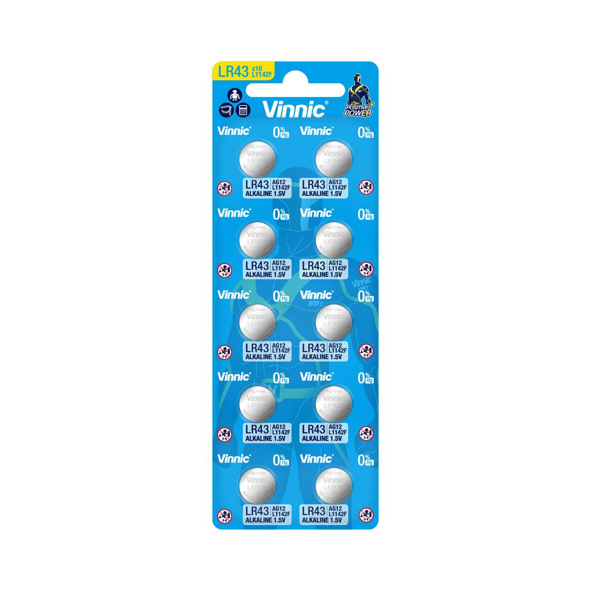 Vinnic Alkaline Button Cell LR43 / L1142F (1.5V) - 10 Pack - Long Lasting Power for Watches, Calculators, Toys & Small Electronics