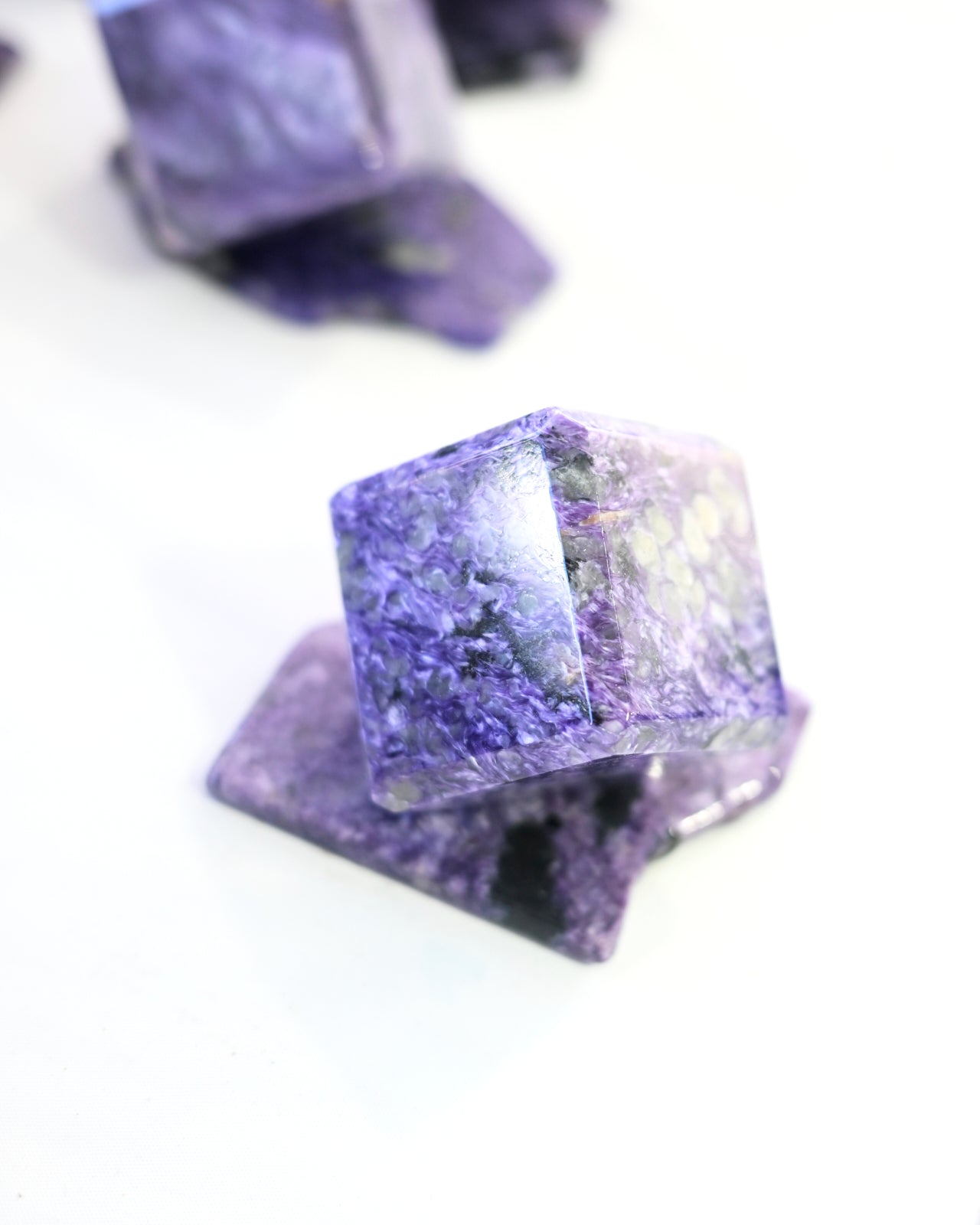 Natural Charoite Crystal Cube with Wooden Display Stand - Healing Stone for Meditation, Reiki, and Home Decor
