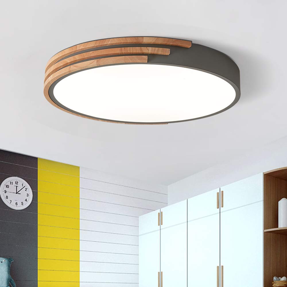 Round LED Flush Mount Ceiling Light - Dimmable Modern Nordic Style with Wooden Accent & Acrylic Shade | Perfect for Living Room, Bedroom, Kitchen & Hallway Lighting