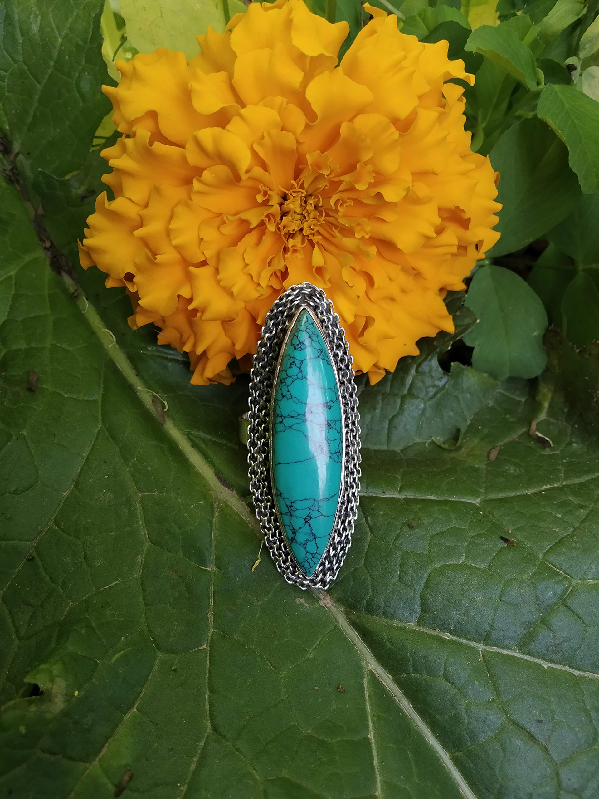 Turquoise Statement Ring - Sterling Silver Bohemian Jewelry with Marquise Gemstone, Vintage Style Long Ring for Women | Perfect Bridal Gift, Promise Ring & Full Finger Ring for Boho Fashion & Special Occasions