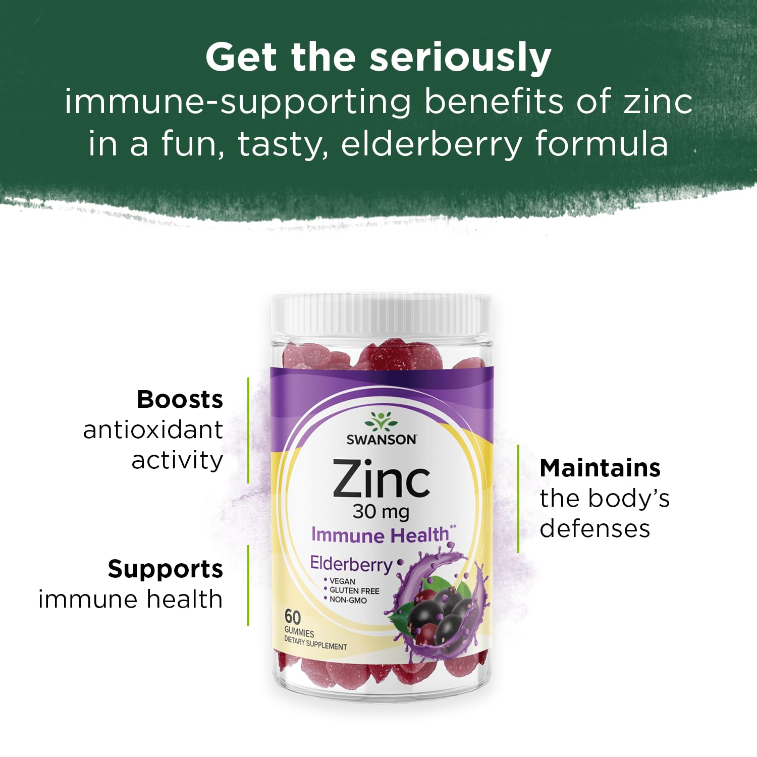 Swanson Zinc Gummies with Elderberry - 60 Count | Immune Support & Antioxidant Vitamin Supplement for Adults & Kids | Great for Daily Wellness & Cold Season Defense