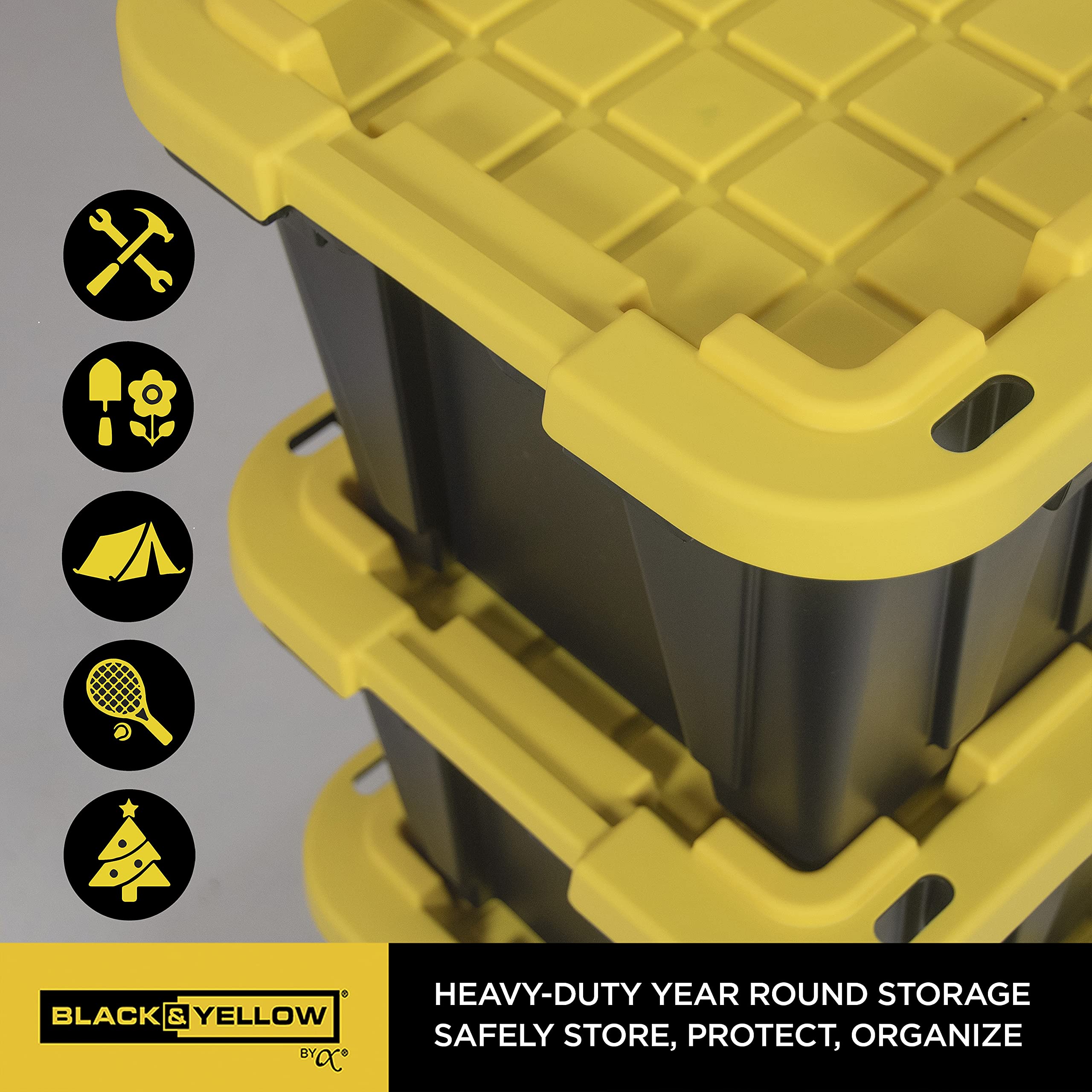 CX BLACK & YELLOW® 12-Gallon Heavy Duty Storage Bins with Snap-Tight Lids (6 Pack) - Weatherproof Stackable Organizing Containers for Garage, Basement & Office - 12.51