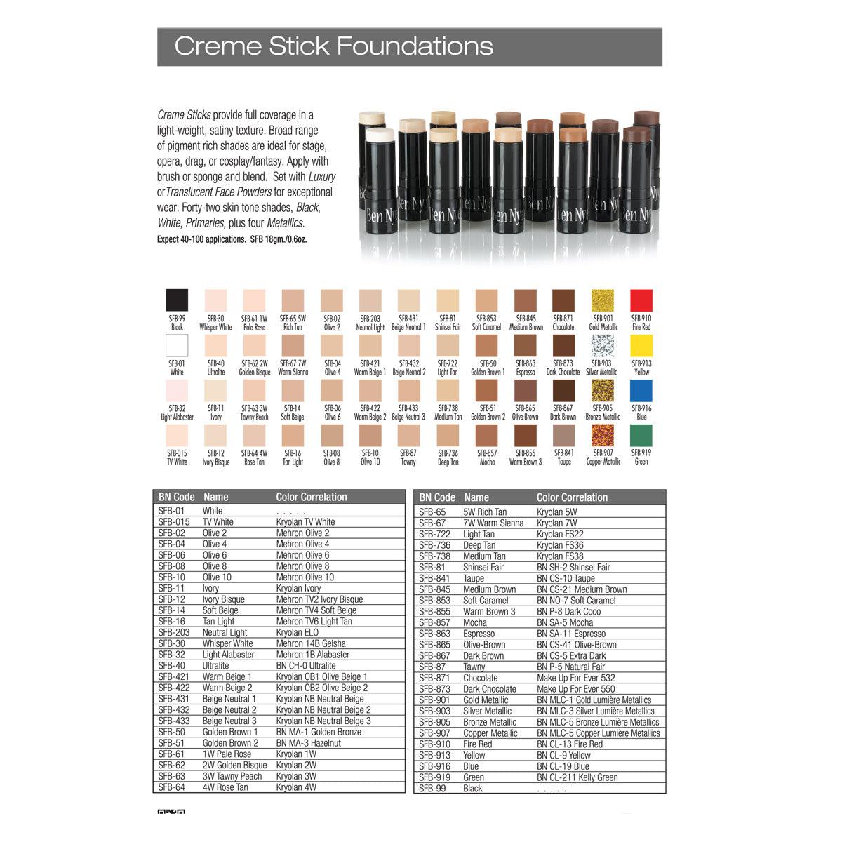 Ben Nye Creme Stick Foundation - Professional Makeup for Stage & HD Camera - Long Lasting Full Coverage Foundation Stick - Perfect for Theater, Cosplay & Special Effects Makeup