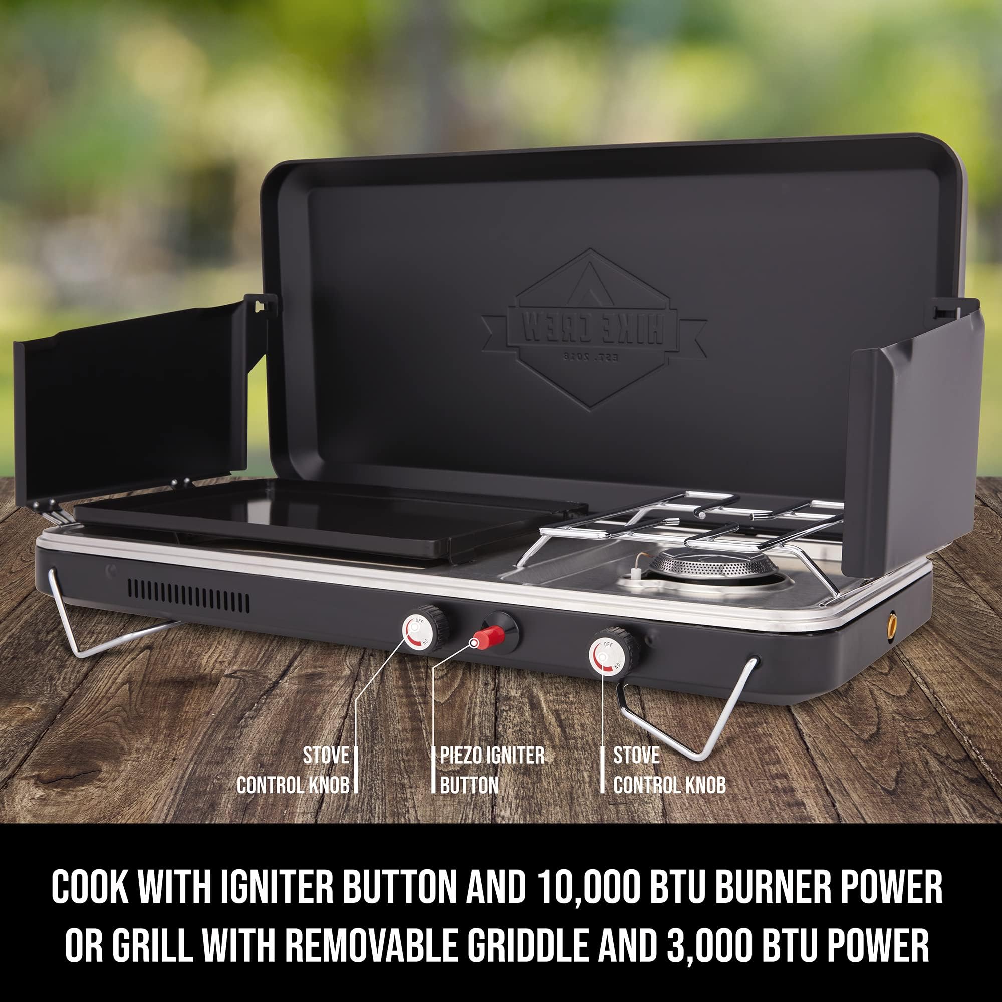 Hike Crew 2-in-1 Portable Gas Camping Stove with Griddle - Propane Burner with Integrated Igniter & Stainless Steel Drip Tray | Built-in Carrying Handle, Foldable Legs & Wind Panels | Includes Regulator | Perfect for Outdoor Cooking, Camping, Backpacking & Picnics