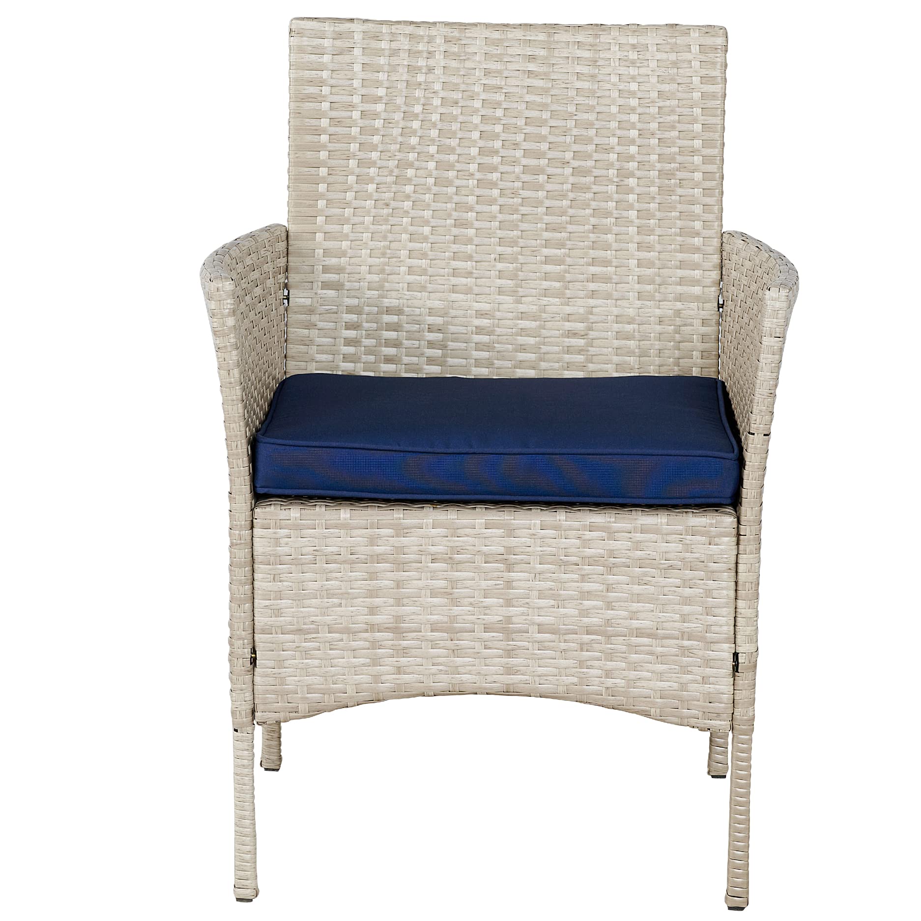 BTEXPERT 3-Piece Outdoor Wicker Bistro Set with Cushions - Patio Garden Furniture Conversation Set with Rattan Chairs & Glass Table (Stone Gray/Navy Blue) - Perfect for Small Spaces, Porch, Yard or Balcony Decor