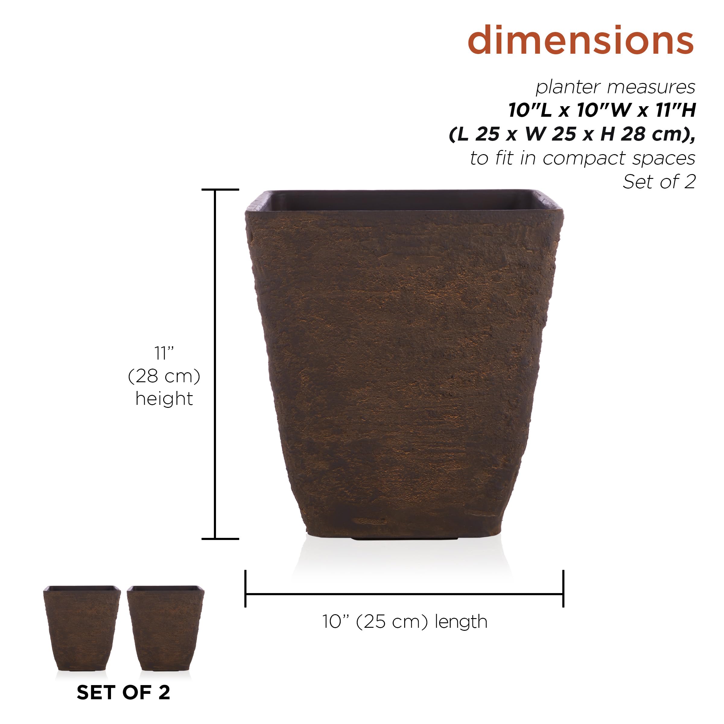 Alpine Corporation Indoor Outdoor Stone Look Square Planter Set of 2 - Small Brown Flower Pots for Patio, Garden, Deck & Home Decor