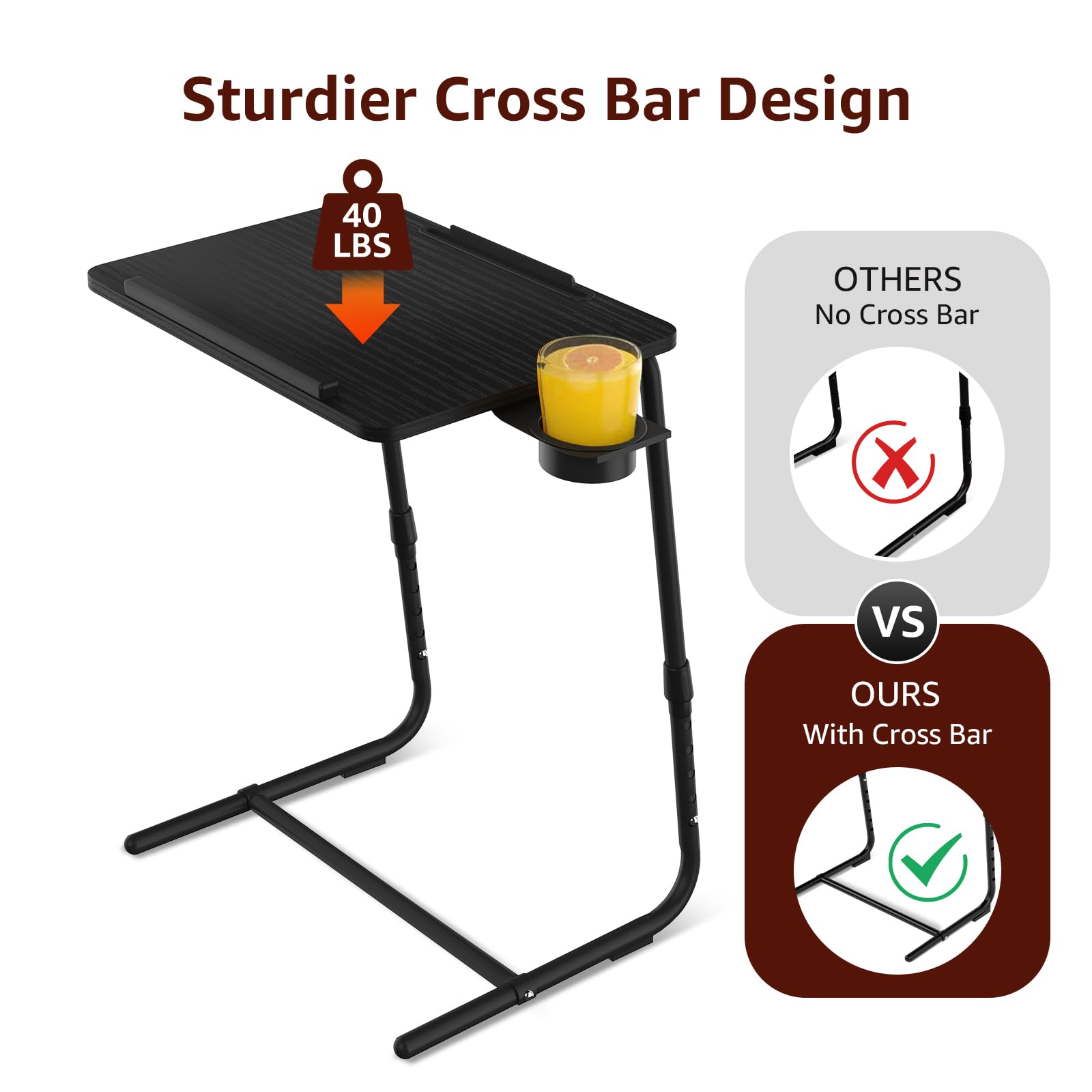 Adjustable TV Tray Stand - Black Folding Dinner Tray with Cup Holder | Portable Wooden Table for Eating on Couch, Bed, Office & Outdoor Use