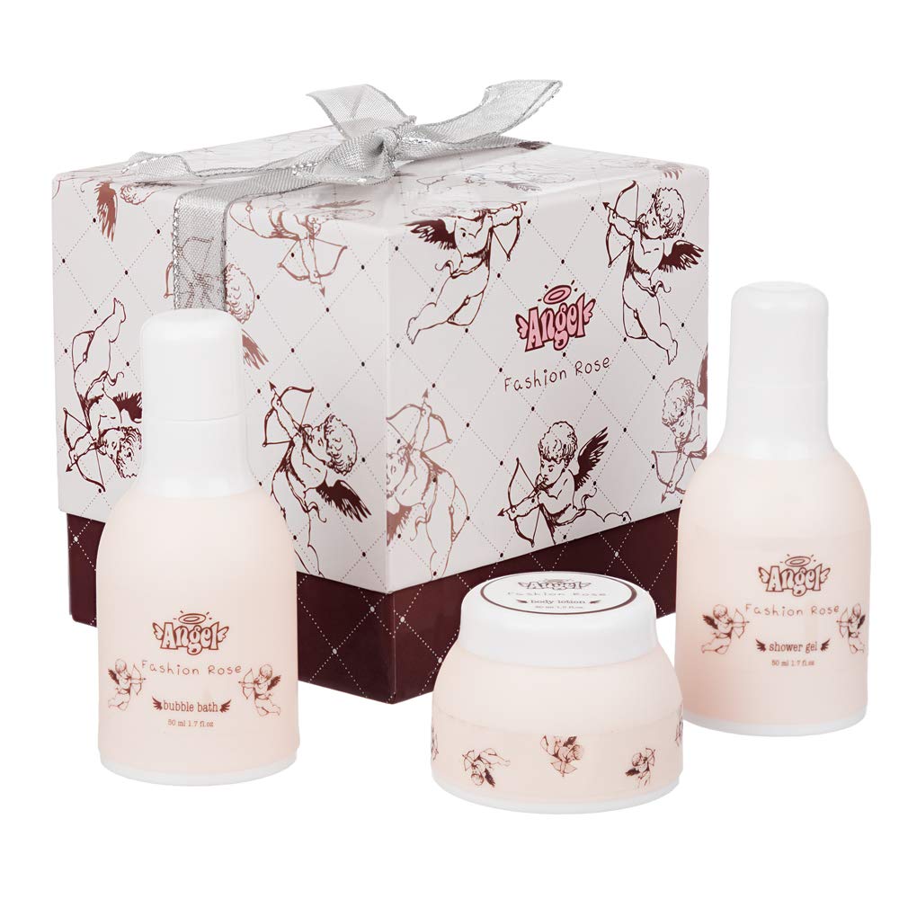 4-Piece Elegant Rose Scented Body & Bath Gift Set for Women - Shower Gel, Bubble Bath, Body Lotion & Exfoliating Eva Puff | Spa Day, Birthday Present, Mother's Day Gift, Relaxing Self-Care Set