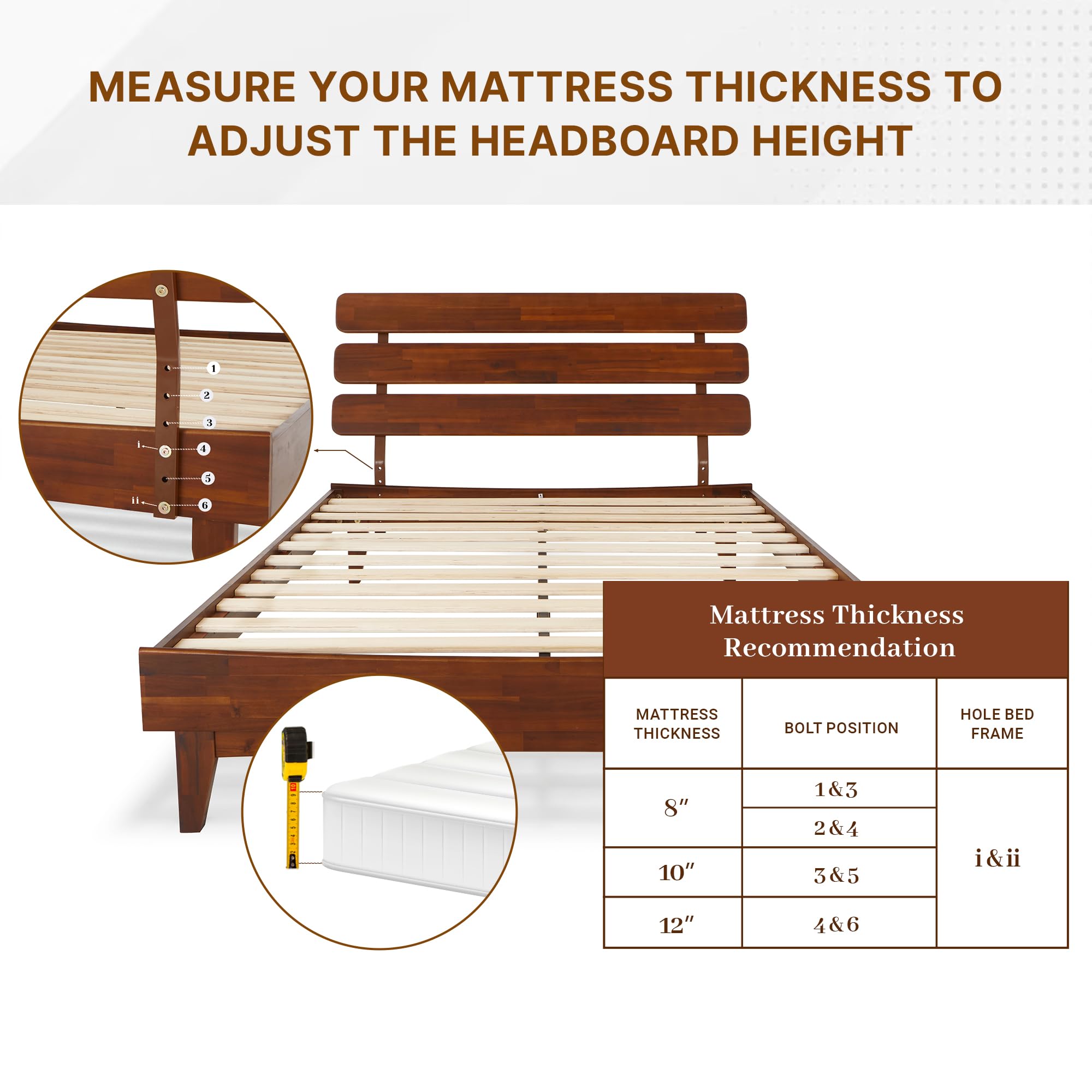 Bme Caden 15 Inch Deluxe Bed Frame with Adjustable Headboard - Mid Century Modern Retro Style Acacia Wood Platform Bed - No Box Spring Needed - 12 Strong Wood Slat Support - Easy Assembly - Dark Chocolate Finish - Full Size Bed for Master Bedroom, Guest Room & Apartment