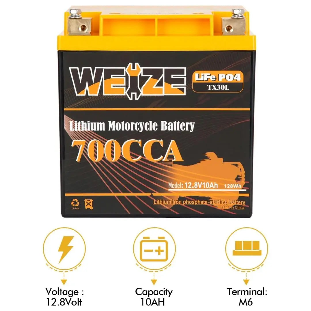 WEIZE 12V 10AH 700CCA LiFePO4 Lithium Motorcycle Battery - Lightweight & Long-Lasting Power for Harley, Honda, Yamaha & More - Perfect for Cruisers, Touring Bikes & Off-Road Adventures