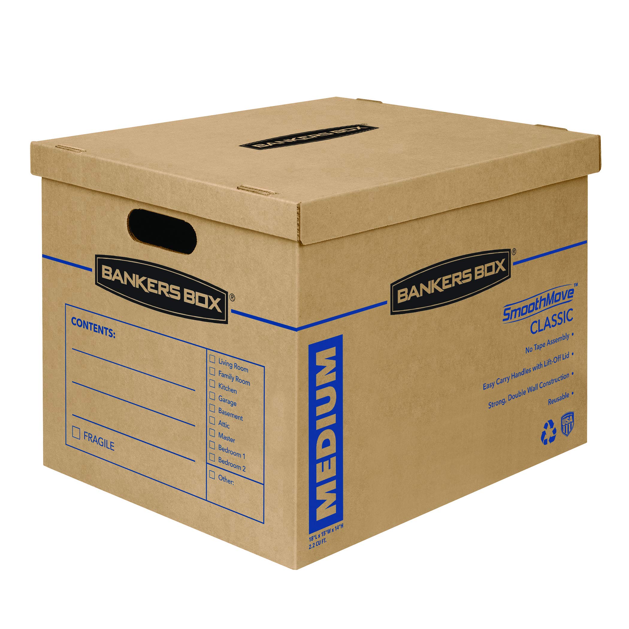 Bankers Box Medium Classic Moving Box 10 Pack - Heavy Duty Reinforced Handles, No Tape Assembly, Includes Lids (19