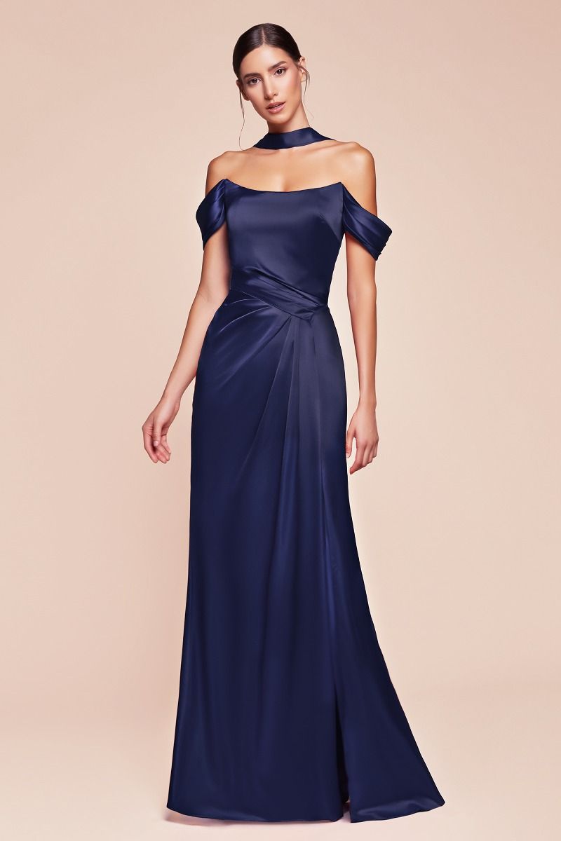 Emerson Off The Shoulder Lace Up Corset Luxe Satin Gown - Navy Blue Formal Evening Dress for Prom, Wedding & Special Occasions