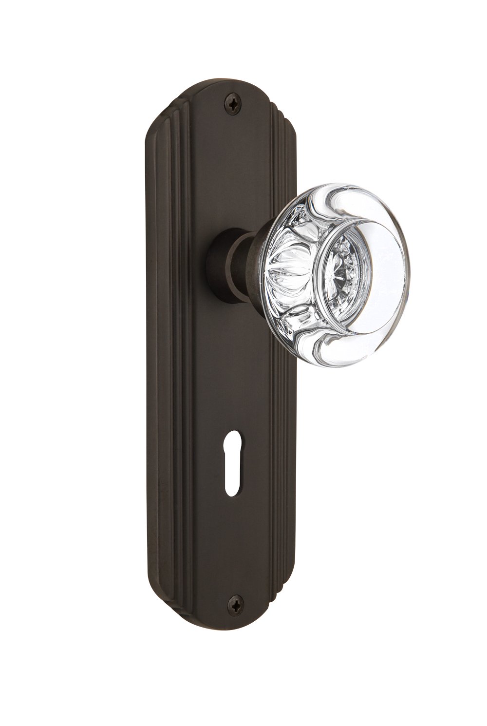 Vintage Deco Plate with Keyhole - Round Clear Crystal Glass Knob for Cabinets & Furniture - Double Dummy Design in Oil-Rubbed Bronze - Perfect for Kitchen Cabinets, Dressers, and Vintage Home Decor
