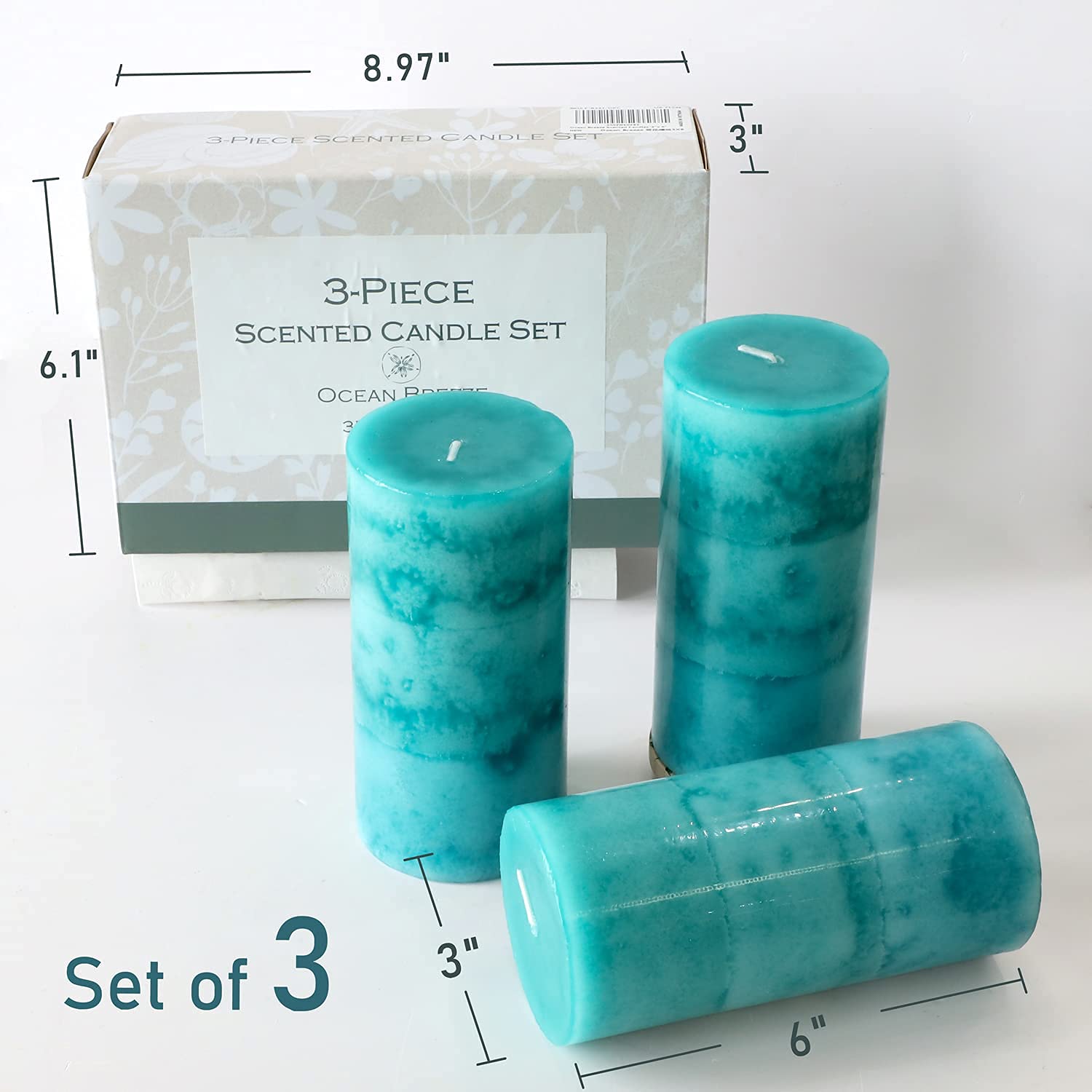 Ocean Breeze Scented Pillar Candles - 3 Pack Teal 3x6 Inch Long-Lasting Clean Burning Candles for Home Décor, Bathroom, Wedding, Relaxation & Aromatherapy