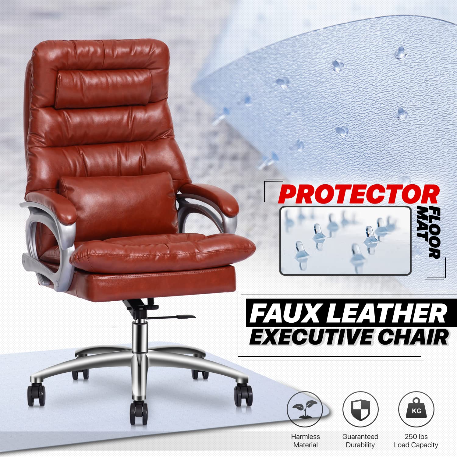 MoNiBloom Brown PU Leather Office Chair with Detachable Lumbar Support & Non-Slip Chair Mat Set - Ergonomic Executive Desk Chair for Home & Office Workspace, Perfect for Long Hours Sitting and Floor Protection