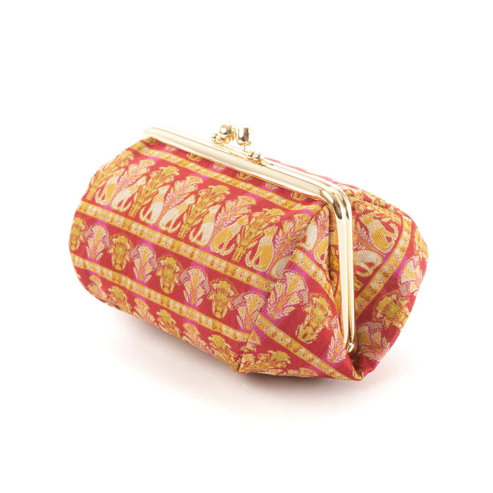 Nishijin Woven Small Pouch - Cat & Ruby Design | Handmade in Kyoto Japan | Cosmetic & Makeup Bag | Japanese Gamaguchi Style | Travel Toiletry Organizer | Stationery Pouch | Bag Organizer | Perfect for Daily Use, Travel & Gift Giving