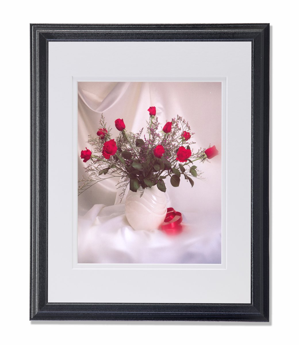 Red Stem Rose Flower Bouquet in White Vase - Framed Wall Art Print with Mat - Elegant Home Decor for Living Room, Bedroom & Office