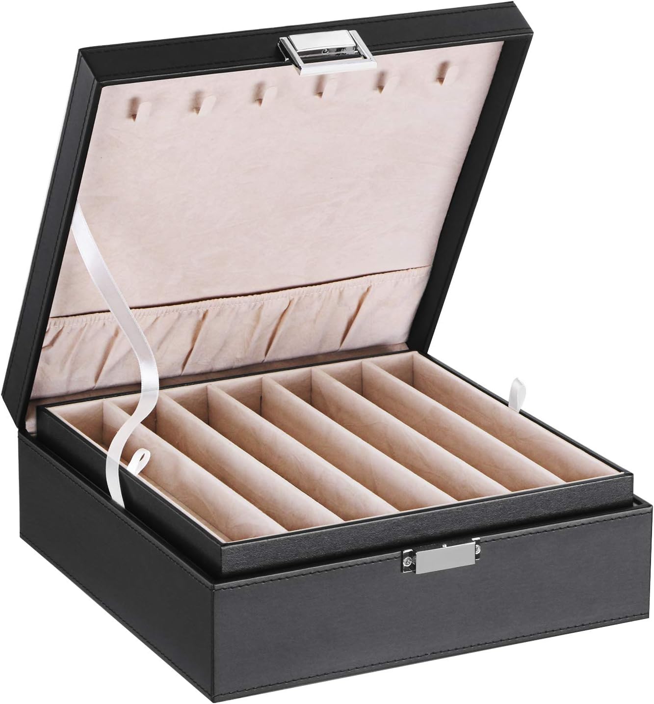 BEWISHOME Jewelry Organizer Box for Necklaces, Bracelets & Chains - 12 Compartments (7 Regular + 5 Large), 6 Hooks, 2-Layer Storage - Perfect Jewelry Box for Women & Girls - Black SSH31B | Great for Travel, Bedroom Vanity & Gift Giving